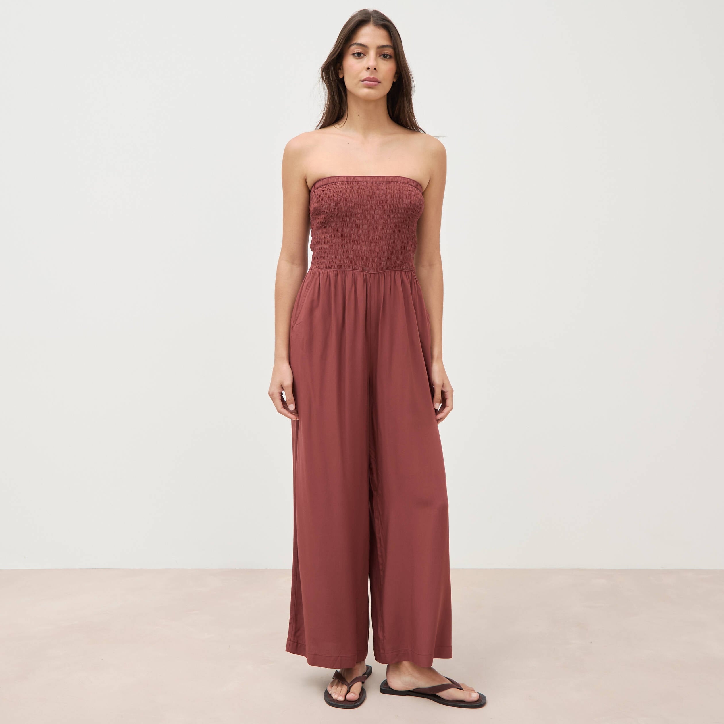 Combinaison bustier sans manches marron cognac femme