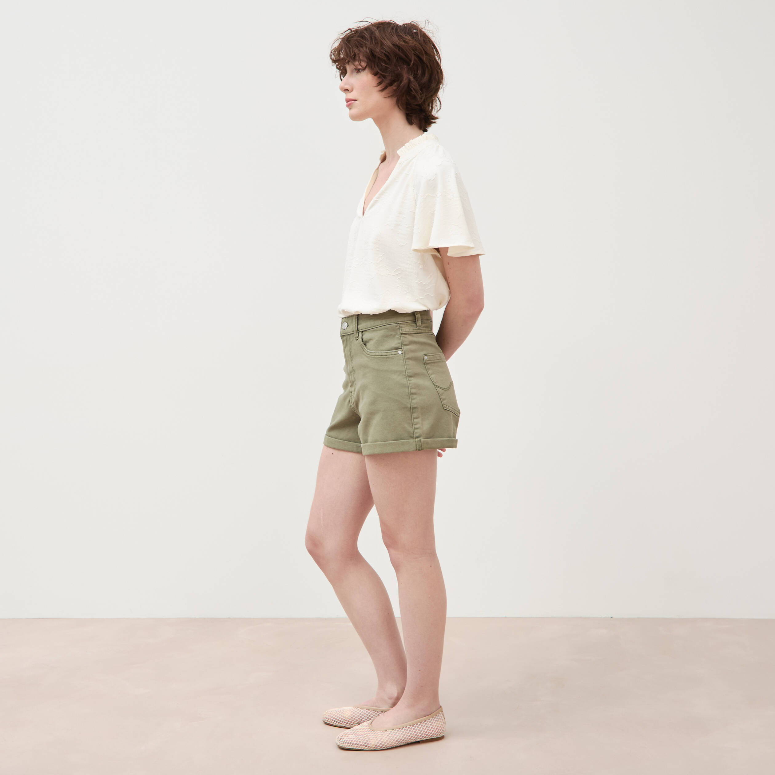 Short mom taille haute vert kaki femme