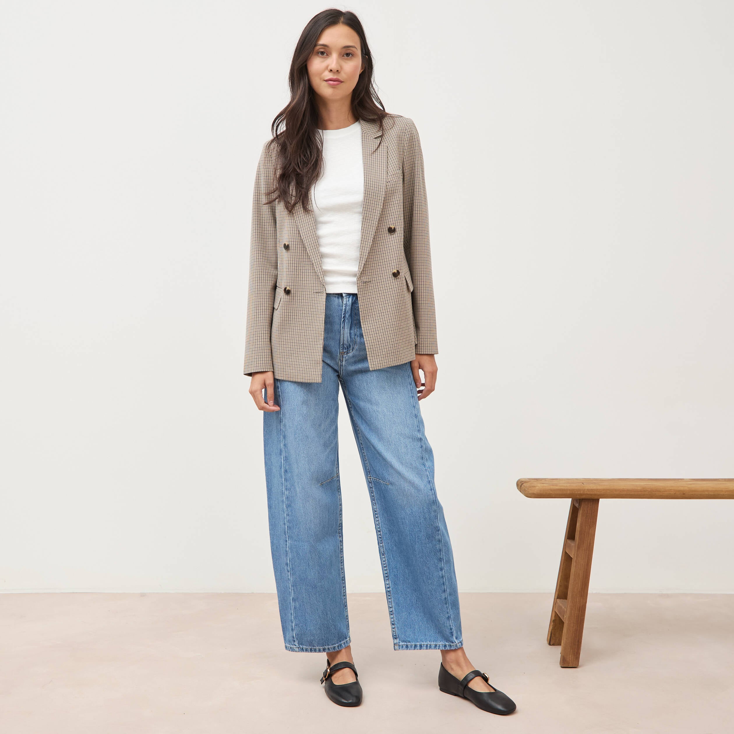 Jeans barrel taille haute broderie denim used femme