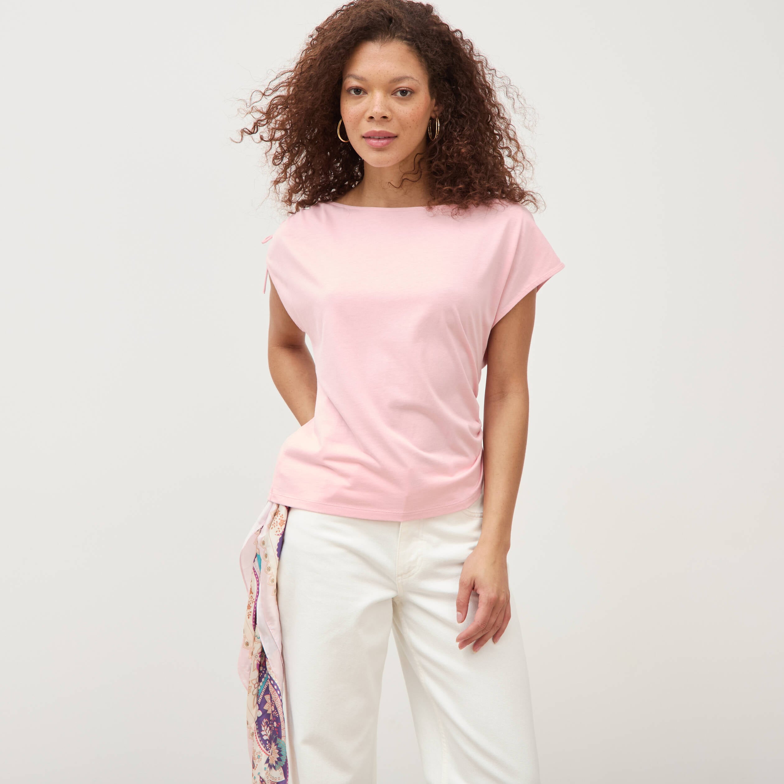 T-shirt col bateau manches courtes rose clair femme