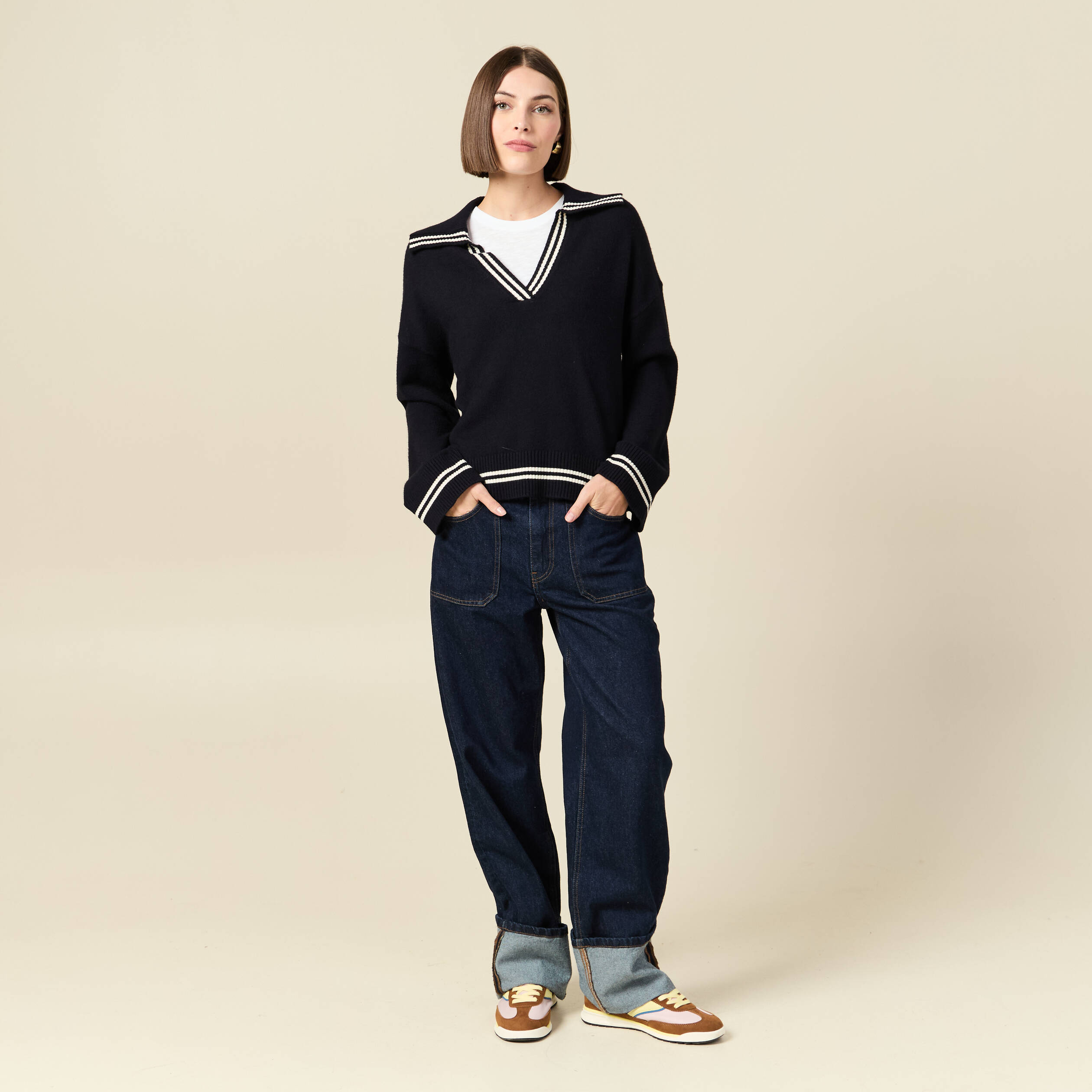 Pull col polo manches longues bleu marine femme