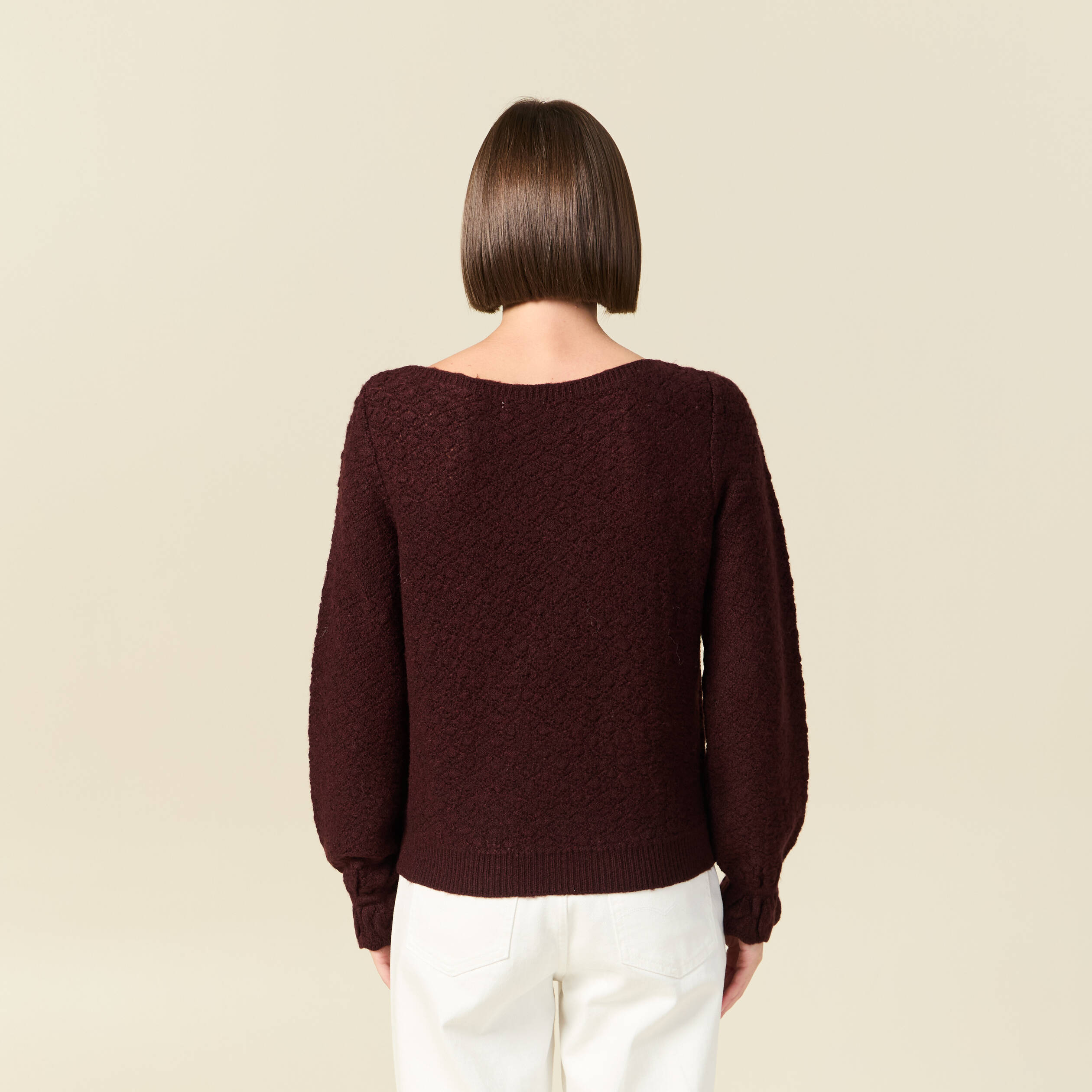 Pull ajour&eacute; col bateau manches longues prune femme