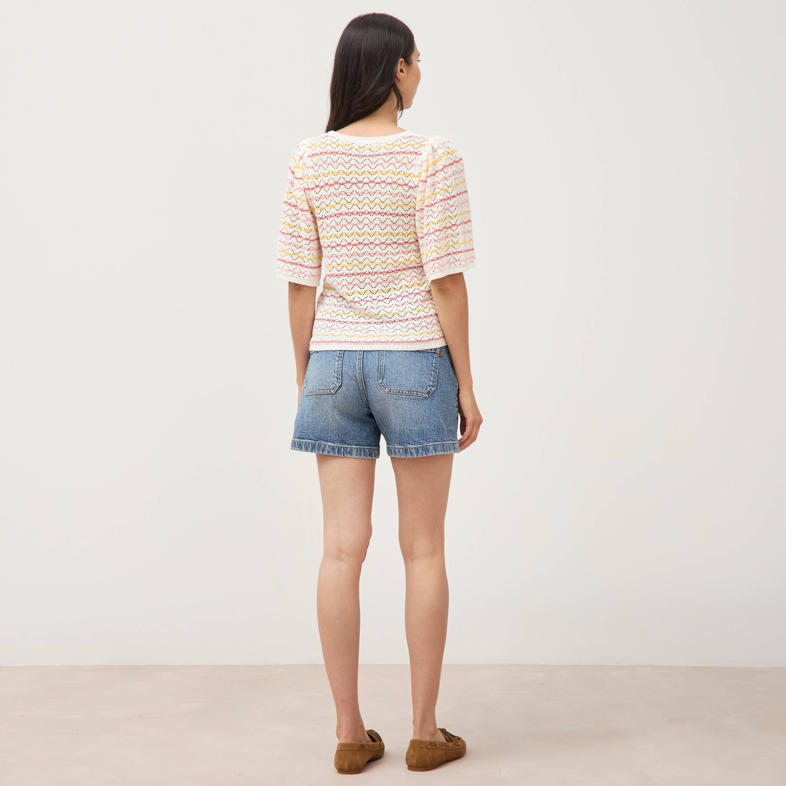 Pull col bateau manches courtes rose femme