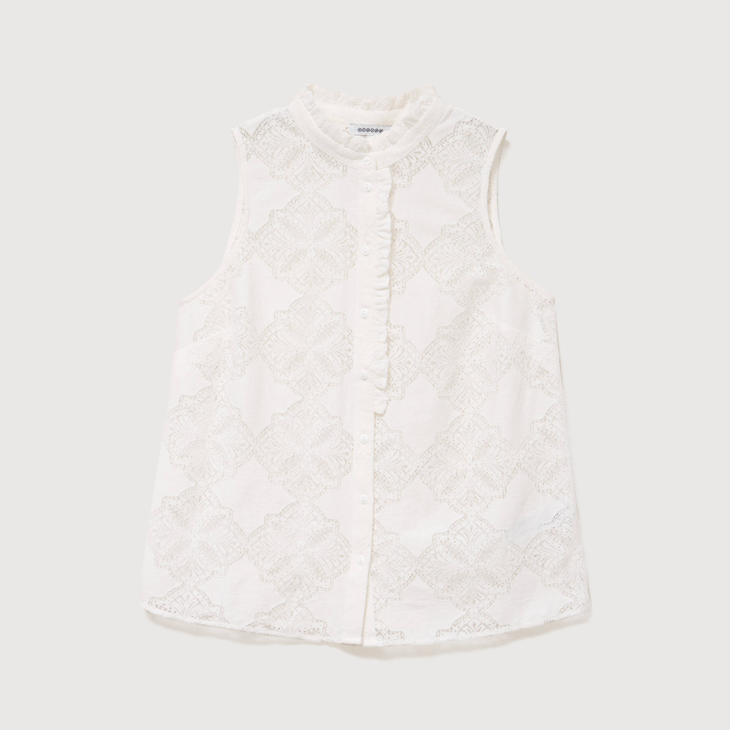 Top sans manches en dentelle col rond ecru femme