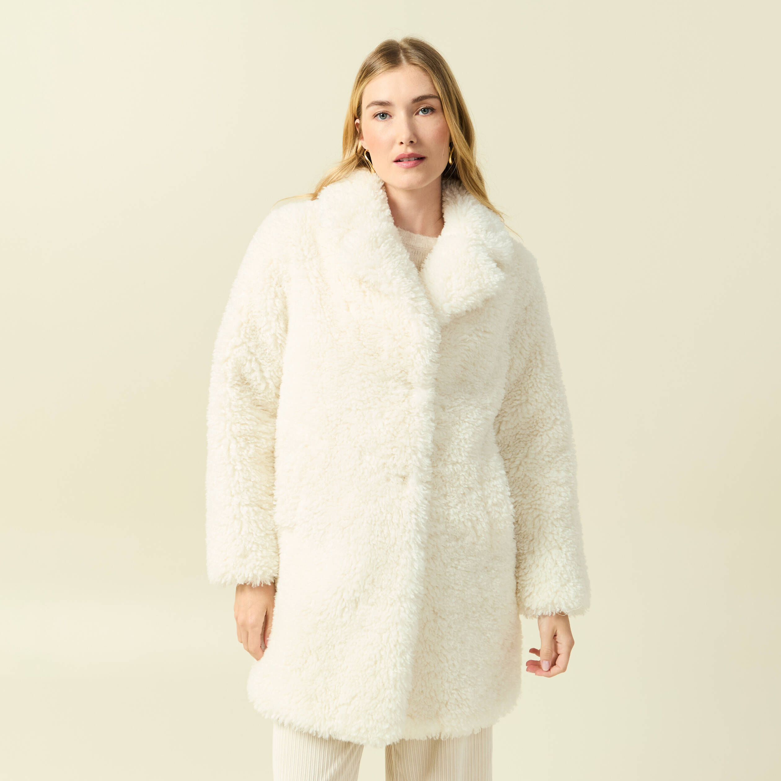 Manteau oversize long effet polaire creme femme