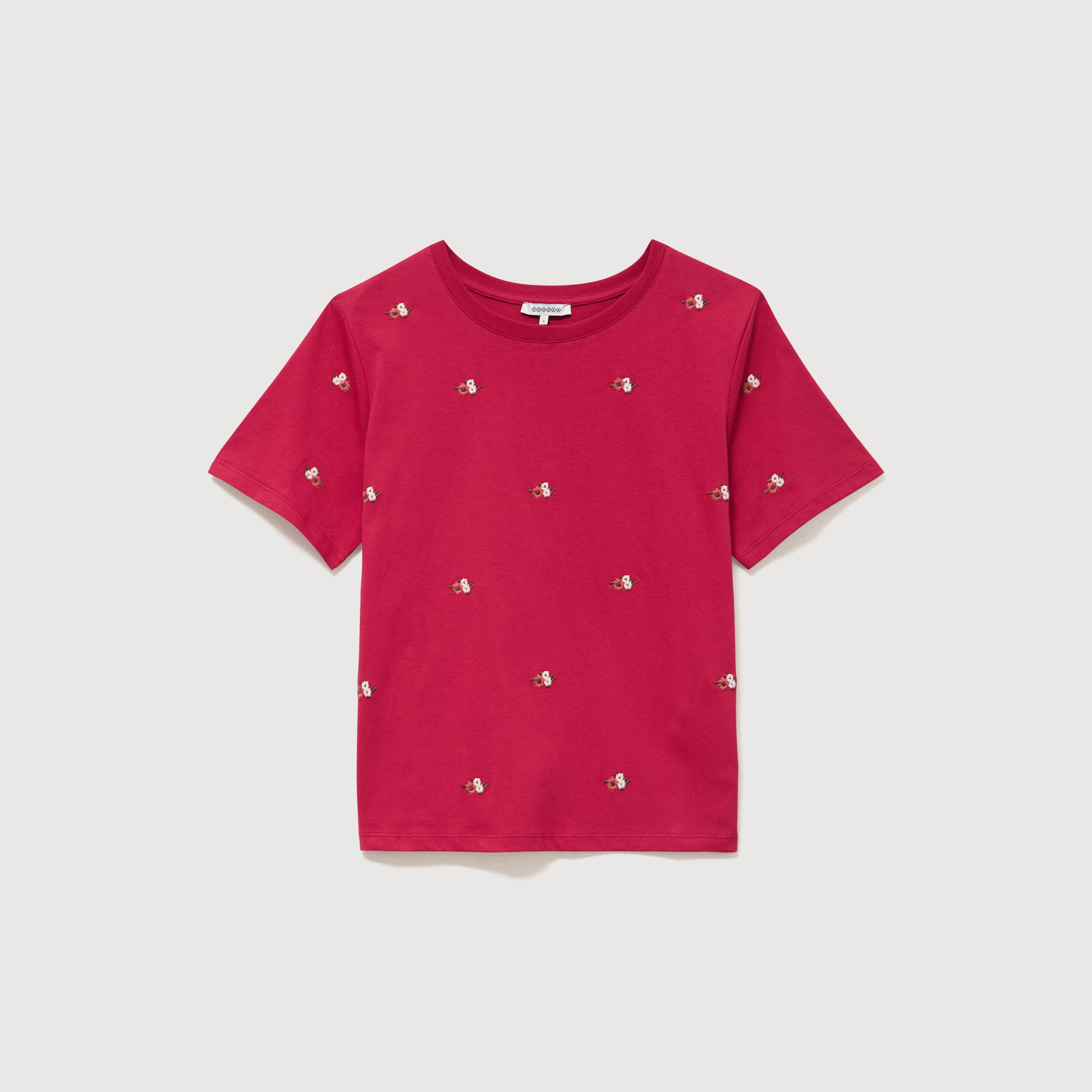 T-shirt droit col rond brod&eacute; en coton rouge clair femme