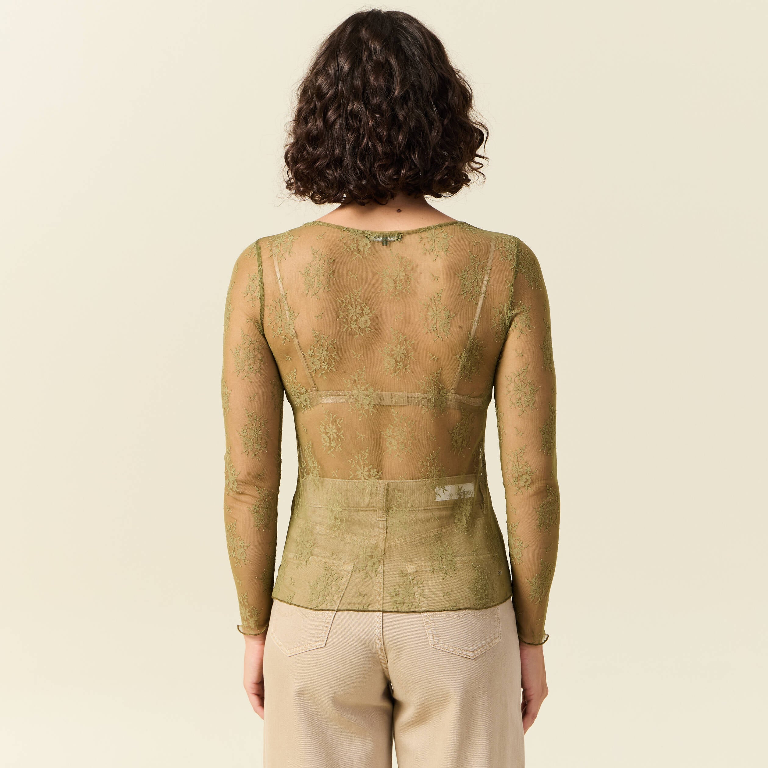 T-shirt ajust&eacute; manches longues col rond vert kaki femme