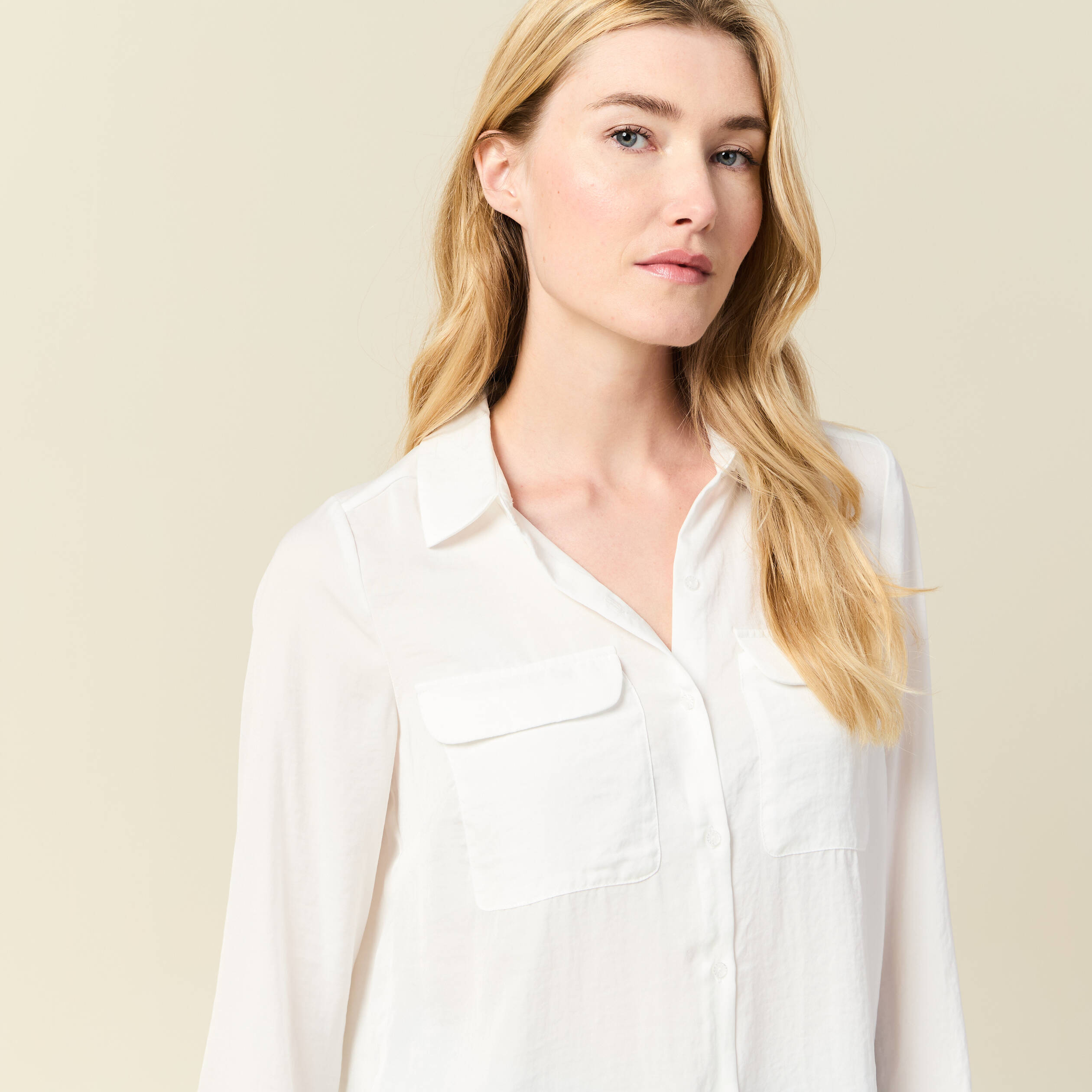 Chemise manches longues satin ecru femme
