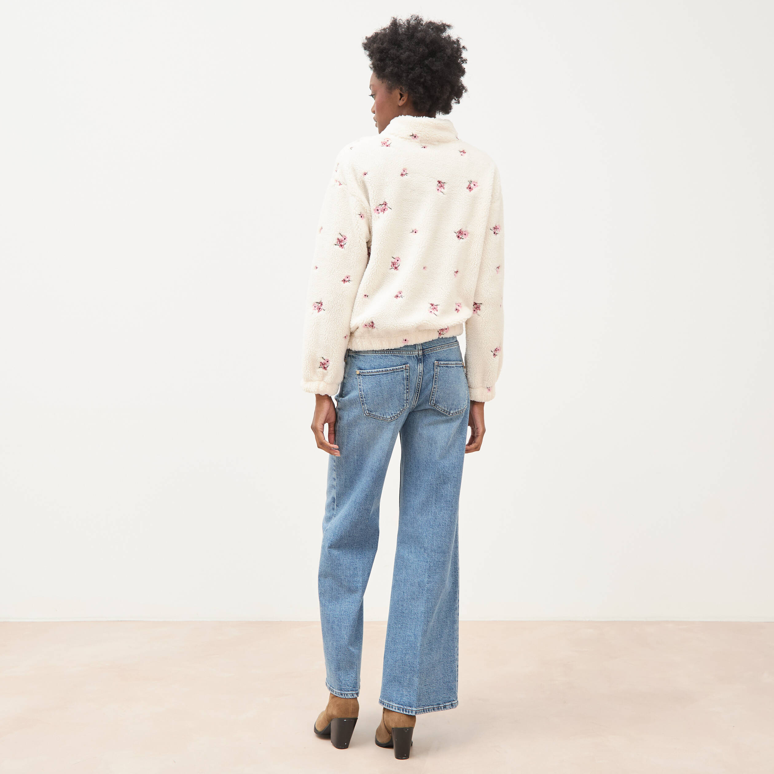 Sweat bouclette sherpa col montant ivoire femme