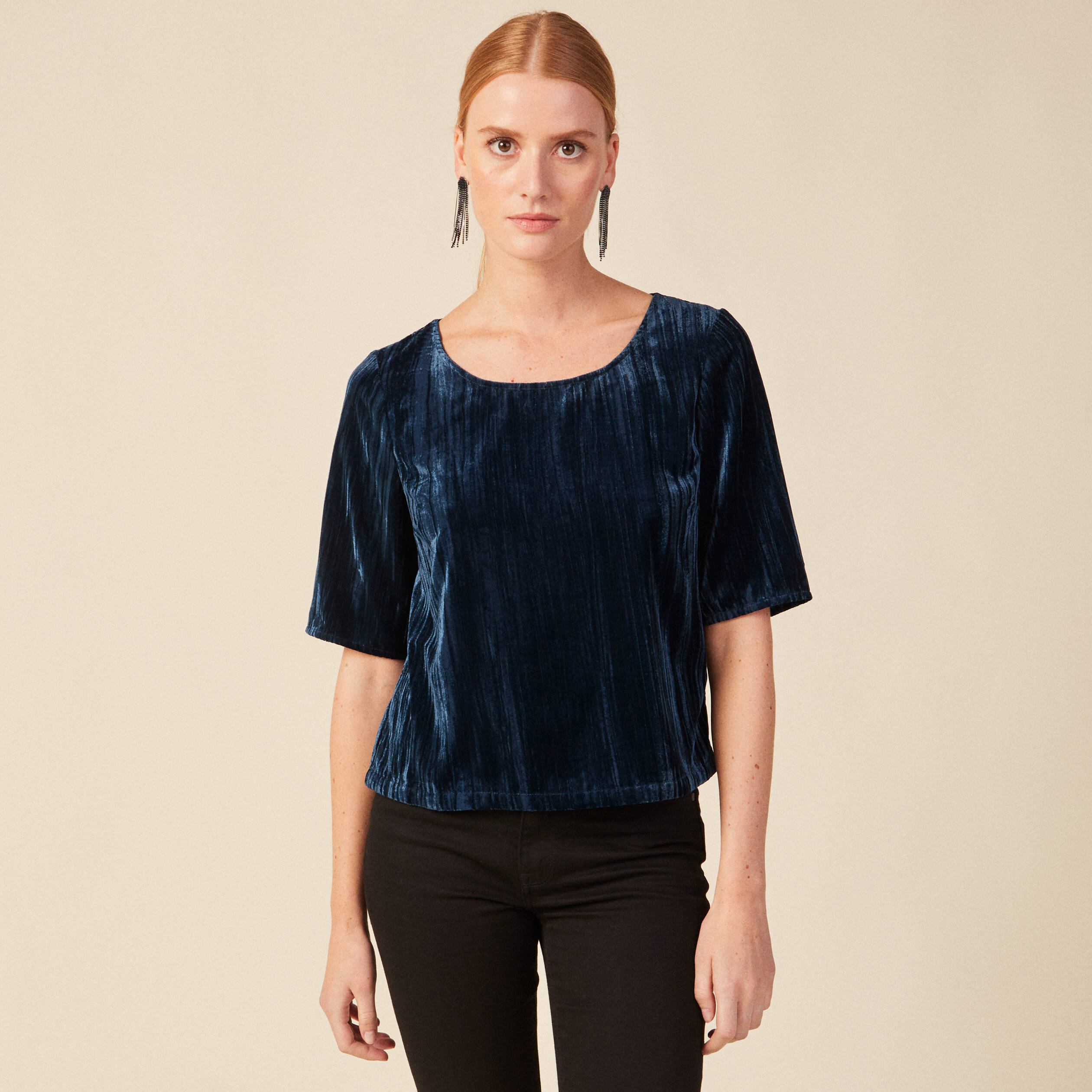 Blouse velours éco-responsable bleu canard femme