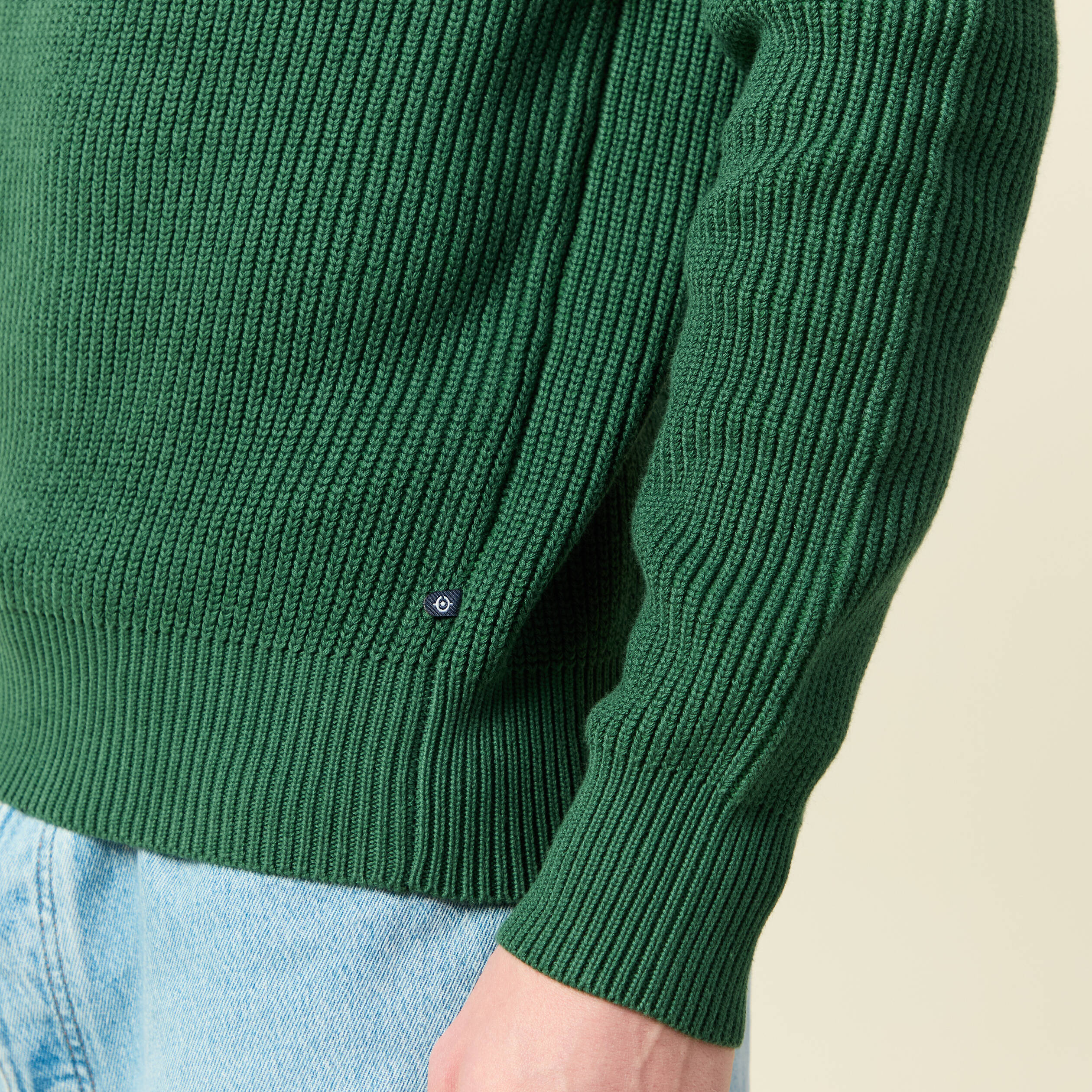 Pull fin manches longues col rond vert homme