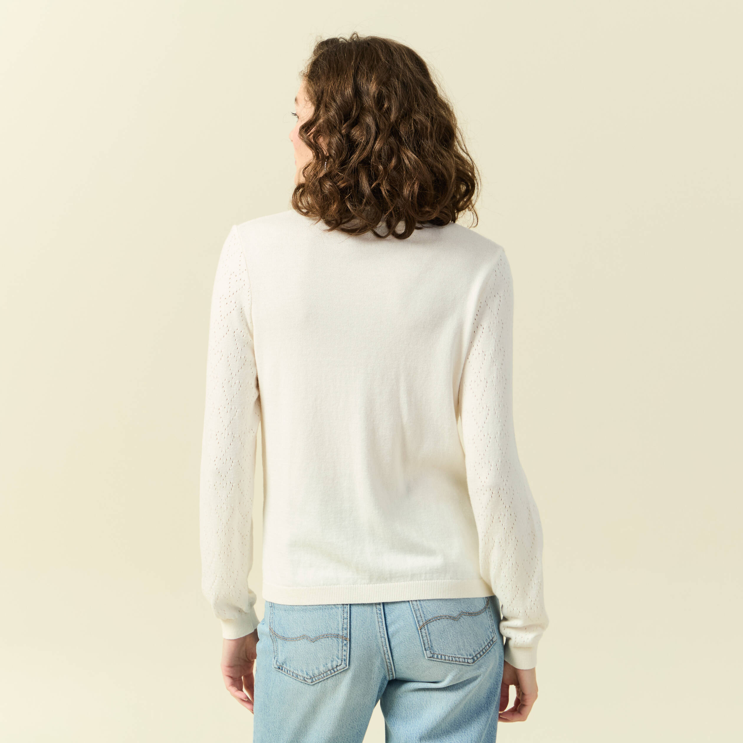 Pull ajouré manches longues en coton ecru femme