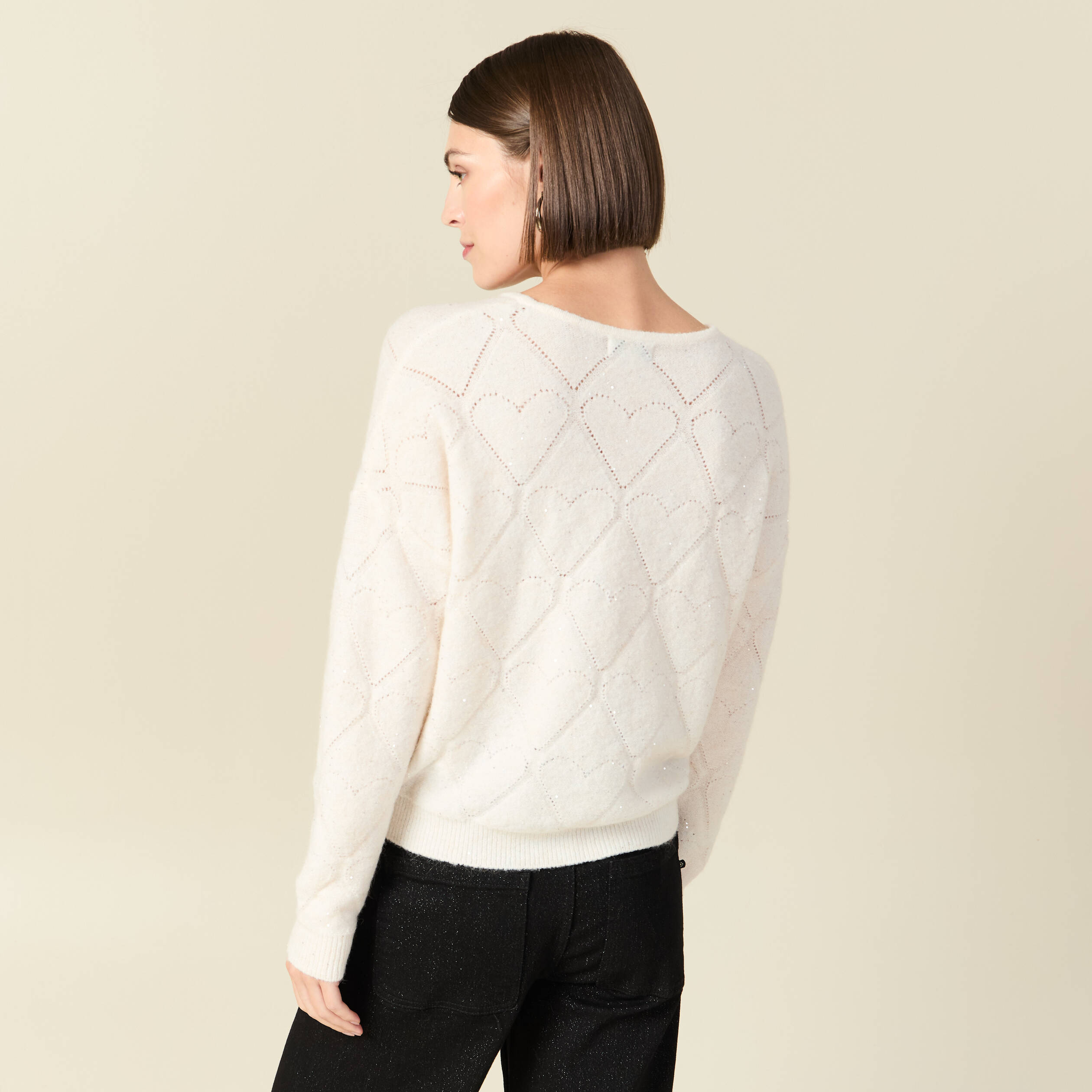 Pull manches longues col rond brillant ecru femme