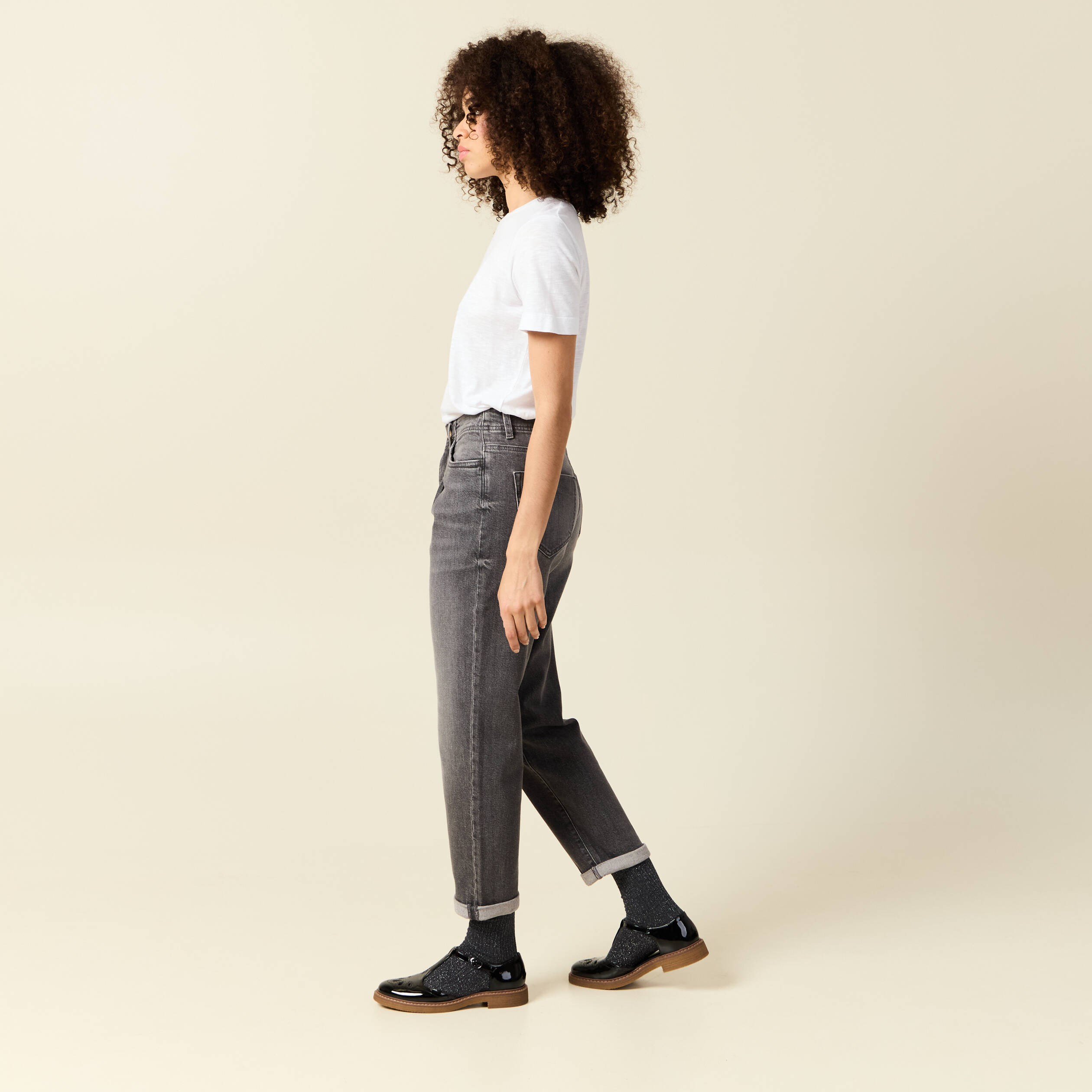 Pantalon mom taille haute 7/8&egrave;me denim denim gris femme