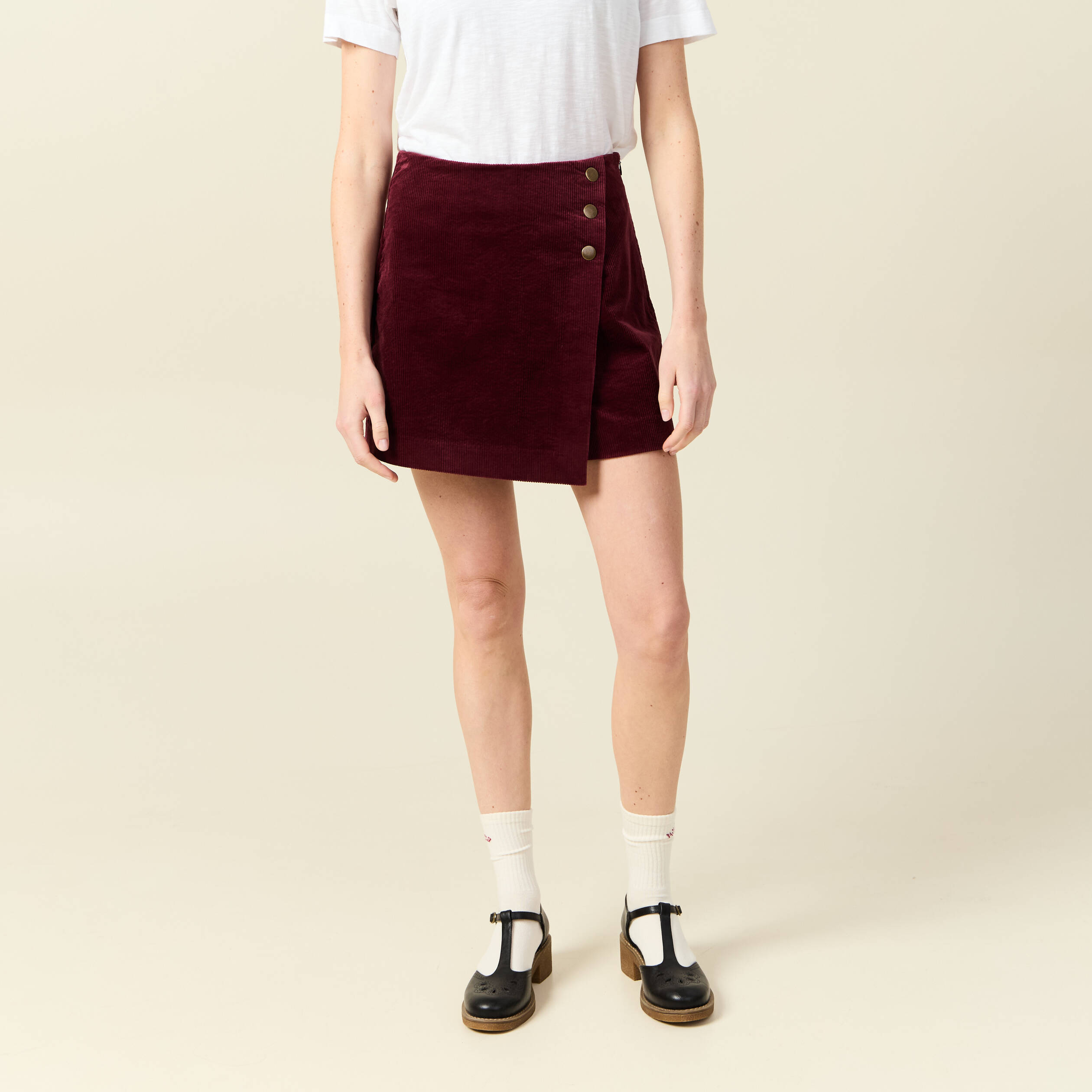 Jupe-short taille haute en velours bordeaux femme Bonobo