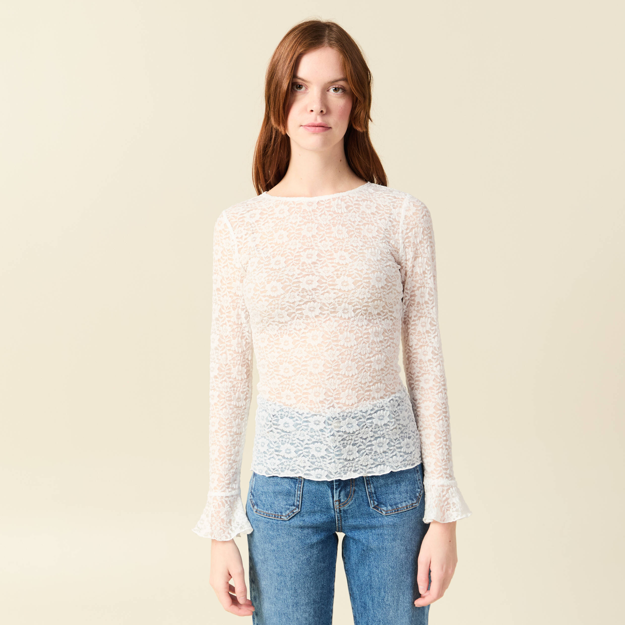 T-shirt ajust&eacute; court manches longues ecru femme