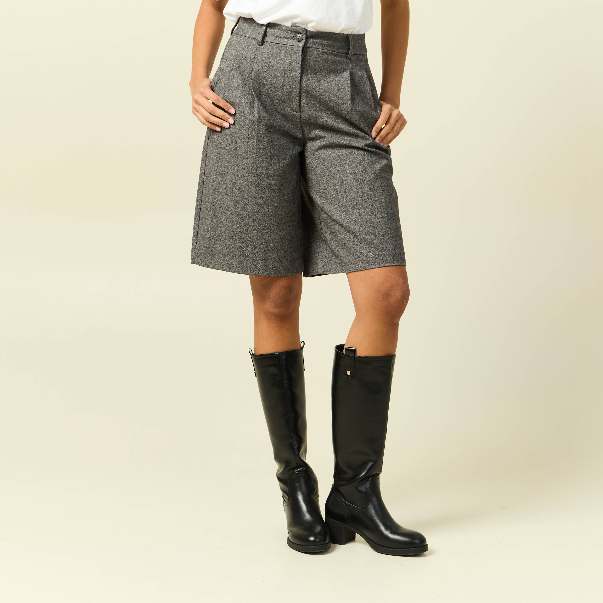 Bermuda large taille haute gris femme