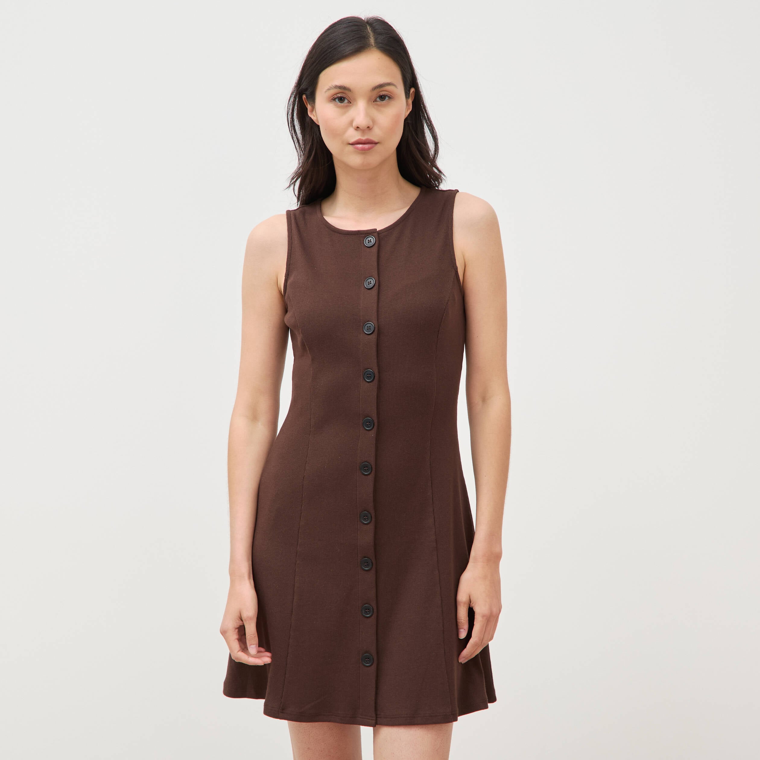 Robe sans manches en maille col rond marron fonc&eacute; femme