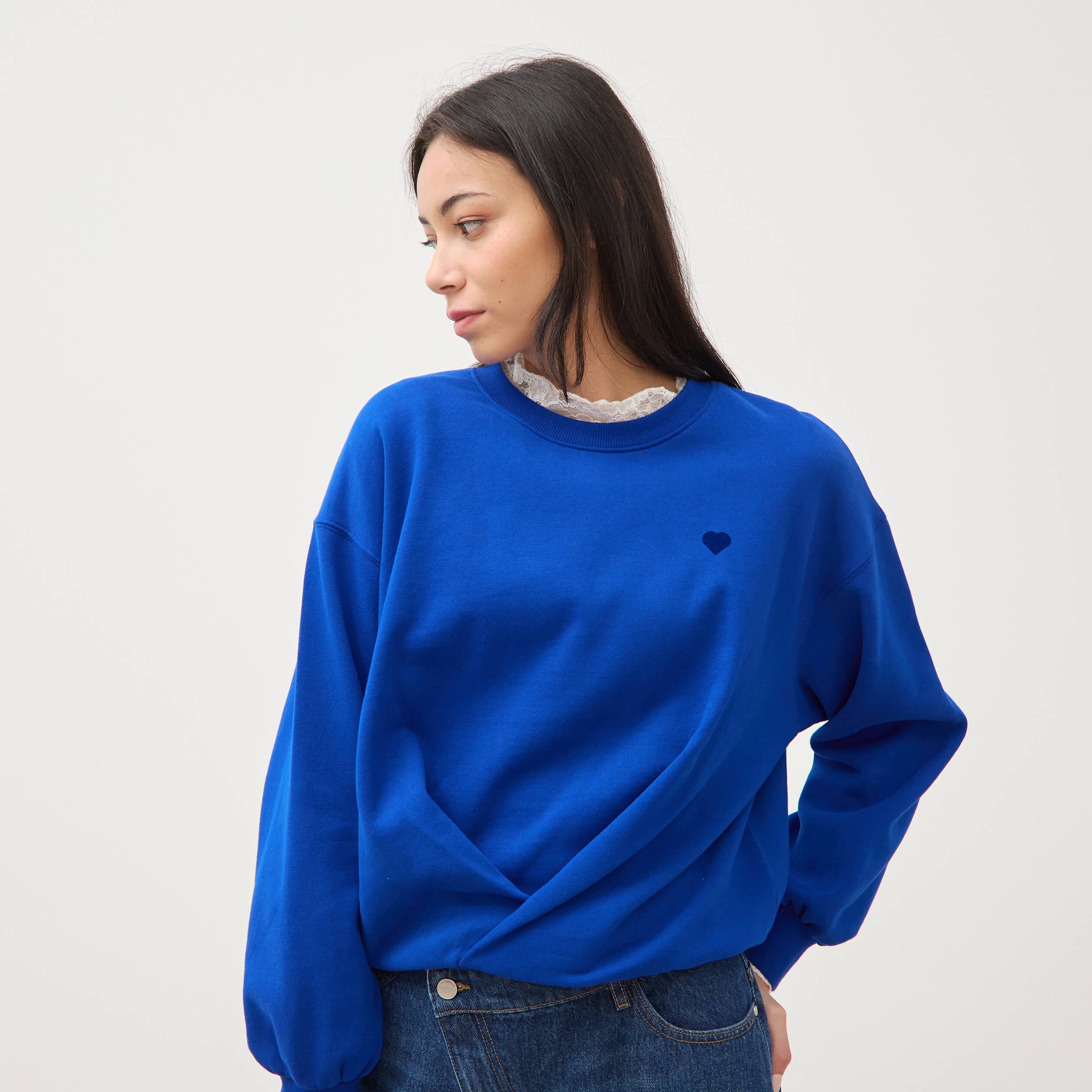 Sweat droit col rond manches longues bleu electrique femme