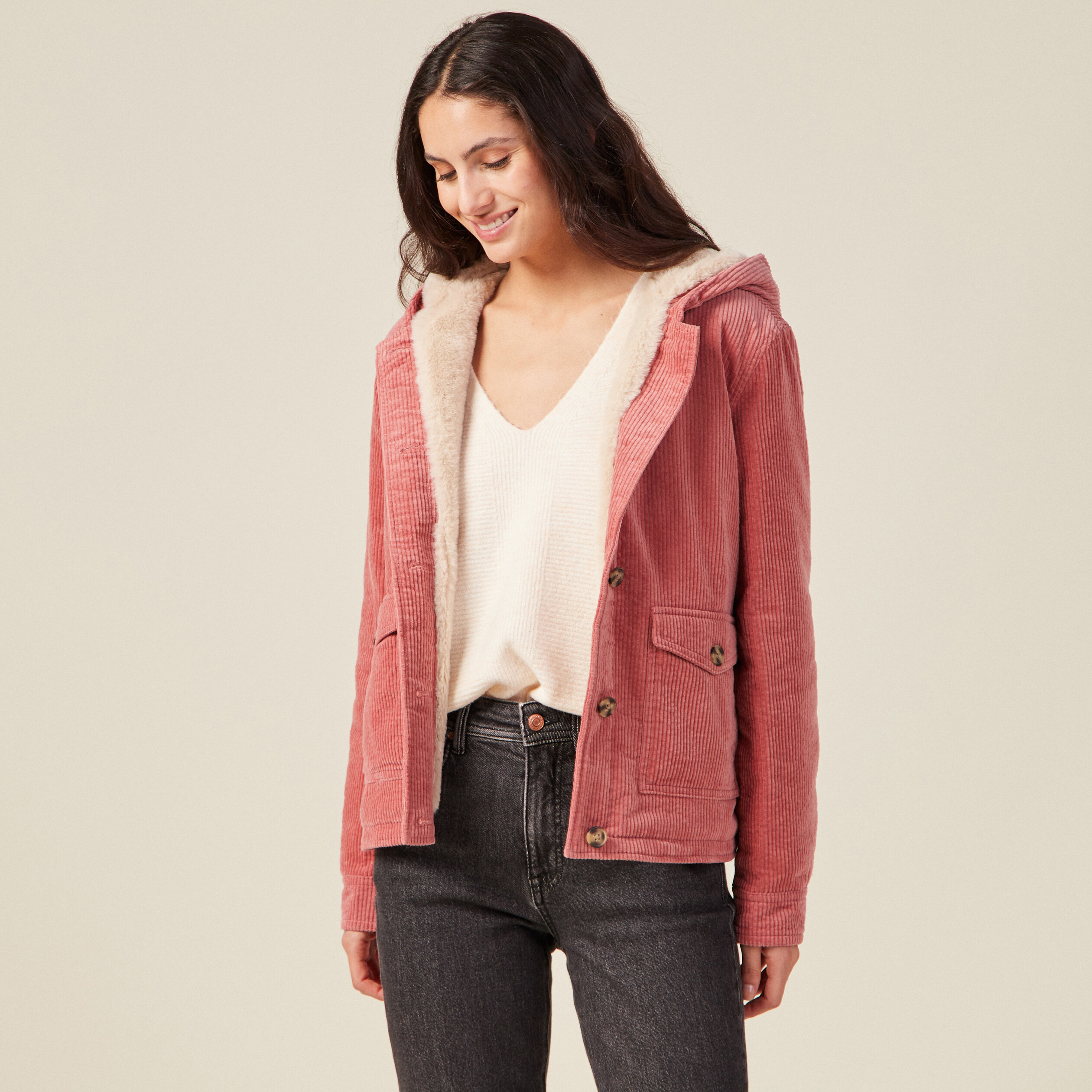Blouson droit capuche velours rouge clair femme