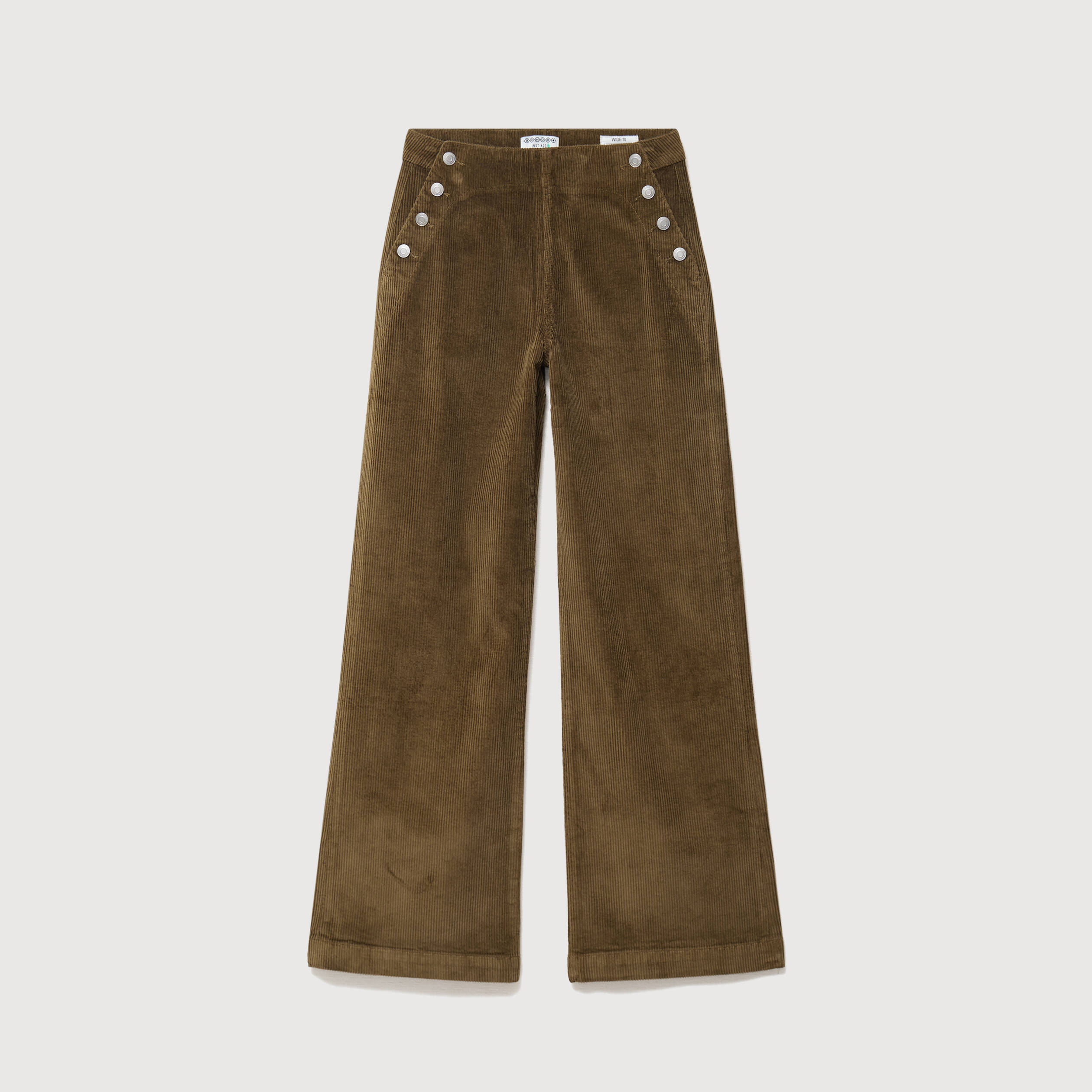 Pantalon large taille haute en velours vert olive femme