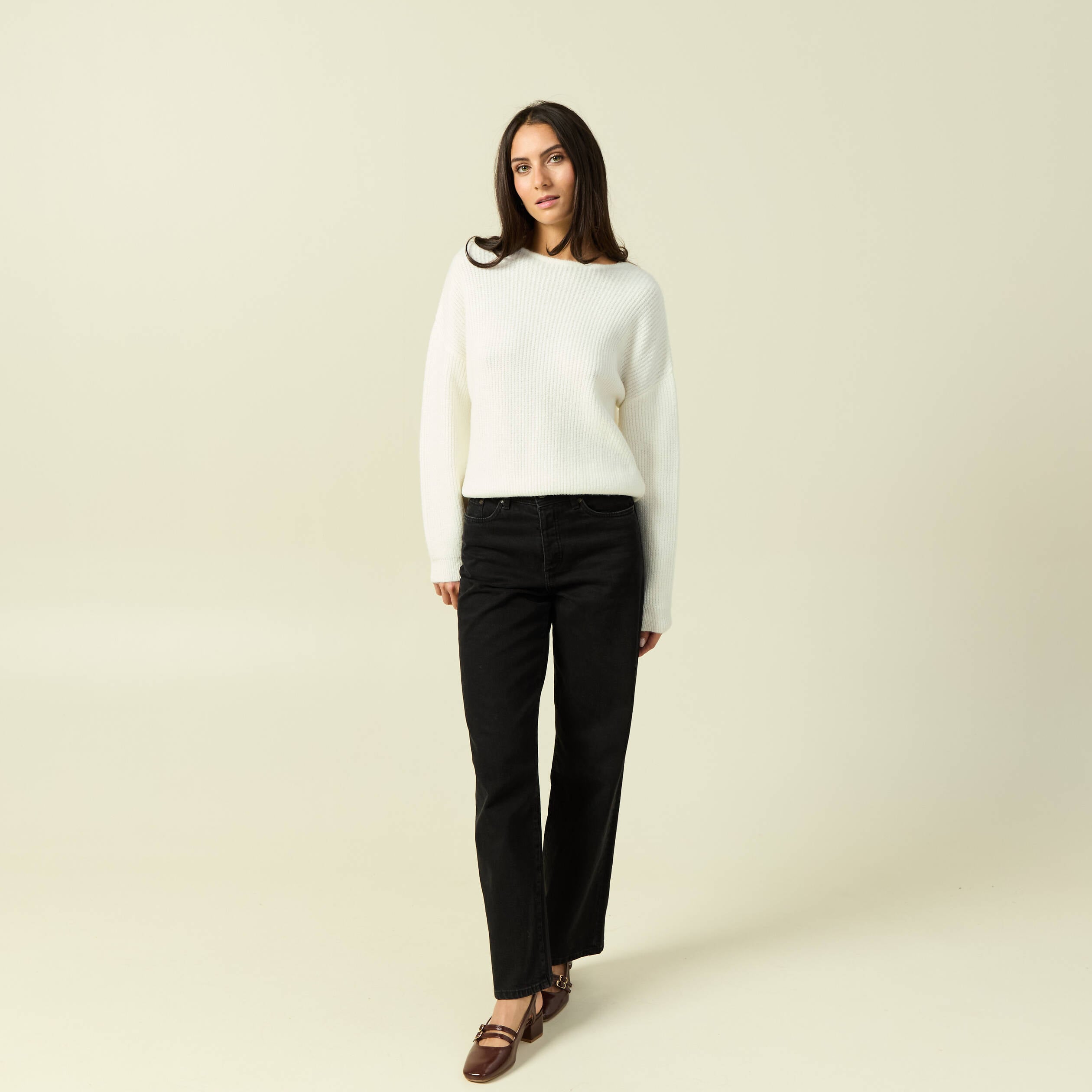 Pull col rond manches longues ecru femme