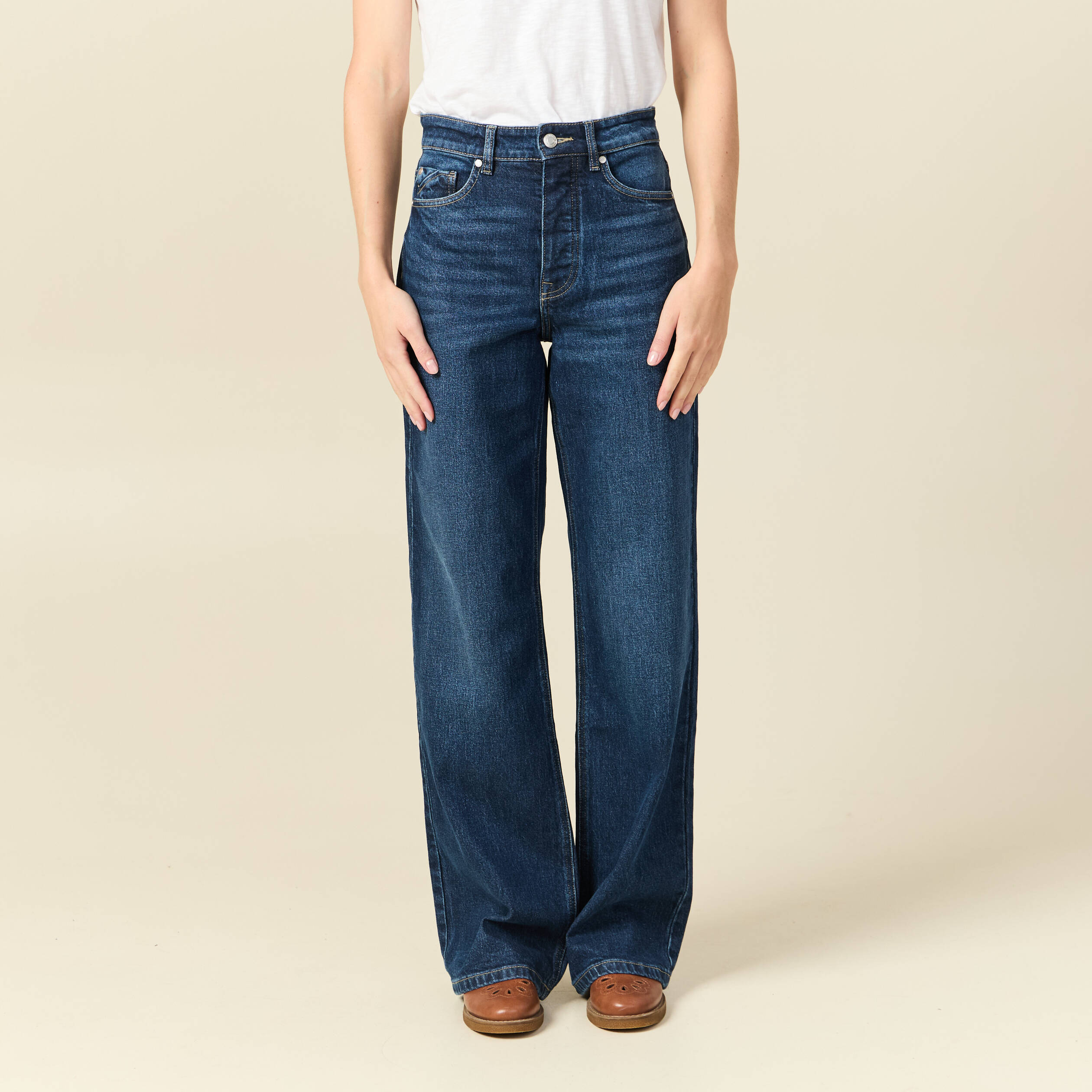 Jeans large taille haute denim brut femme