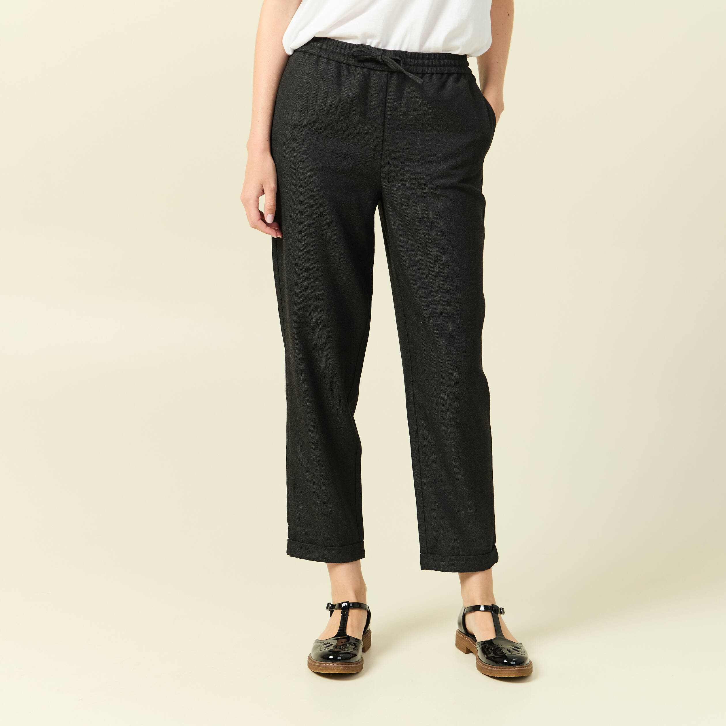 Pantalon taille haute en jeans gris fonc&eacute; femme