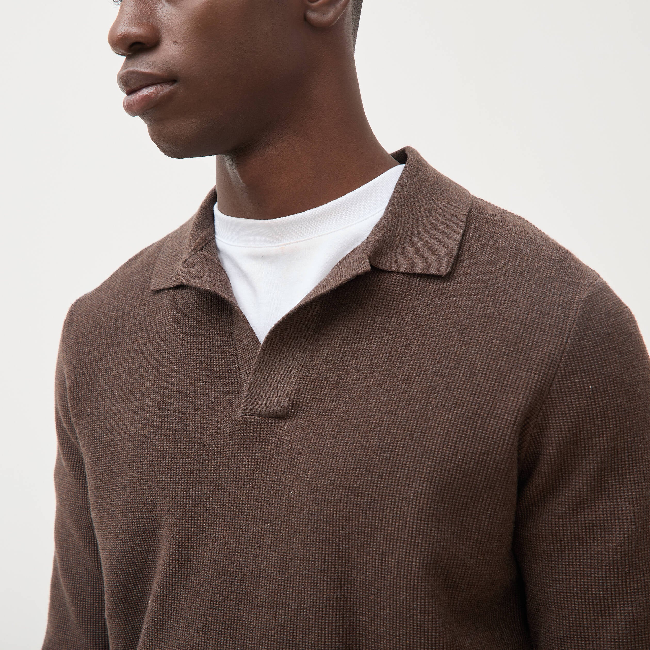 Pull droit col polo manches longues marron homme