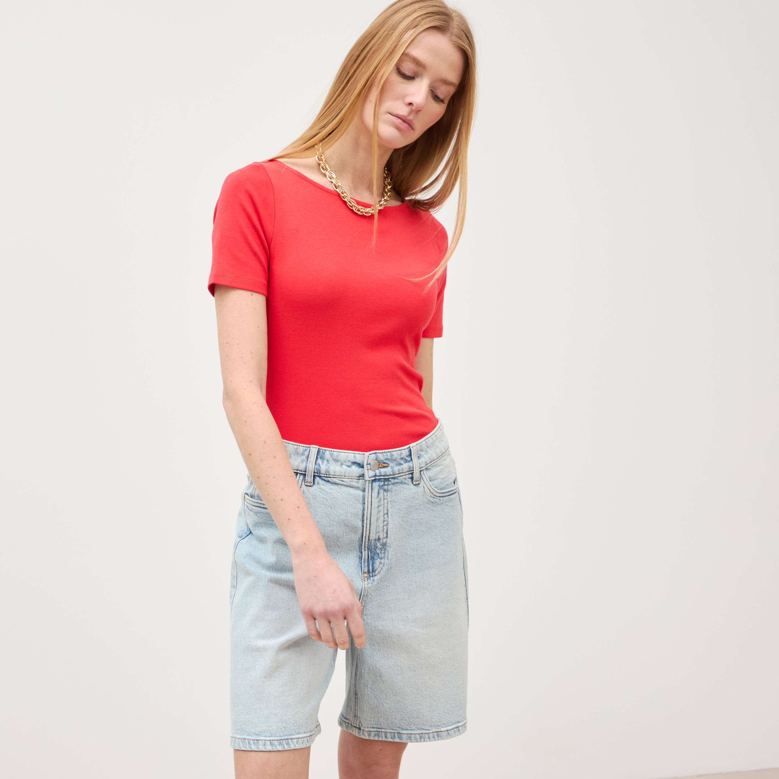 Bermuda jeans large taille haute denim snow bleach femme