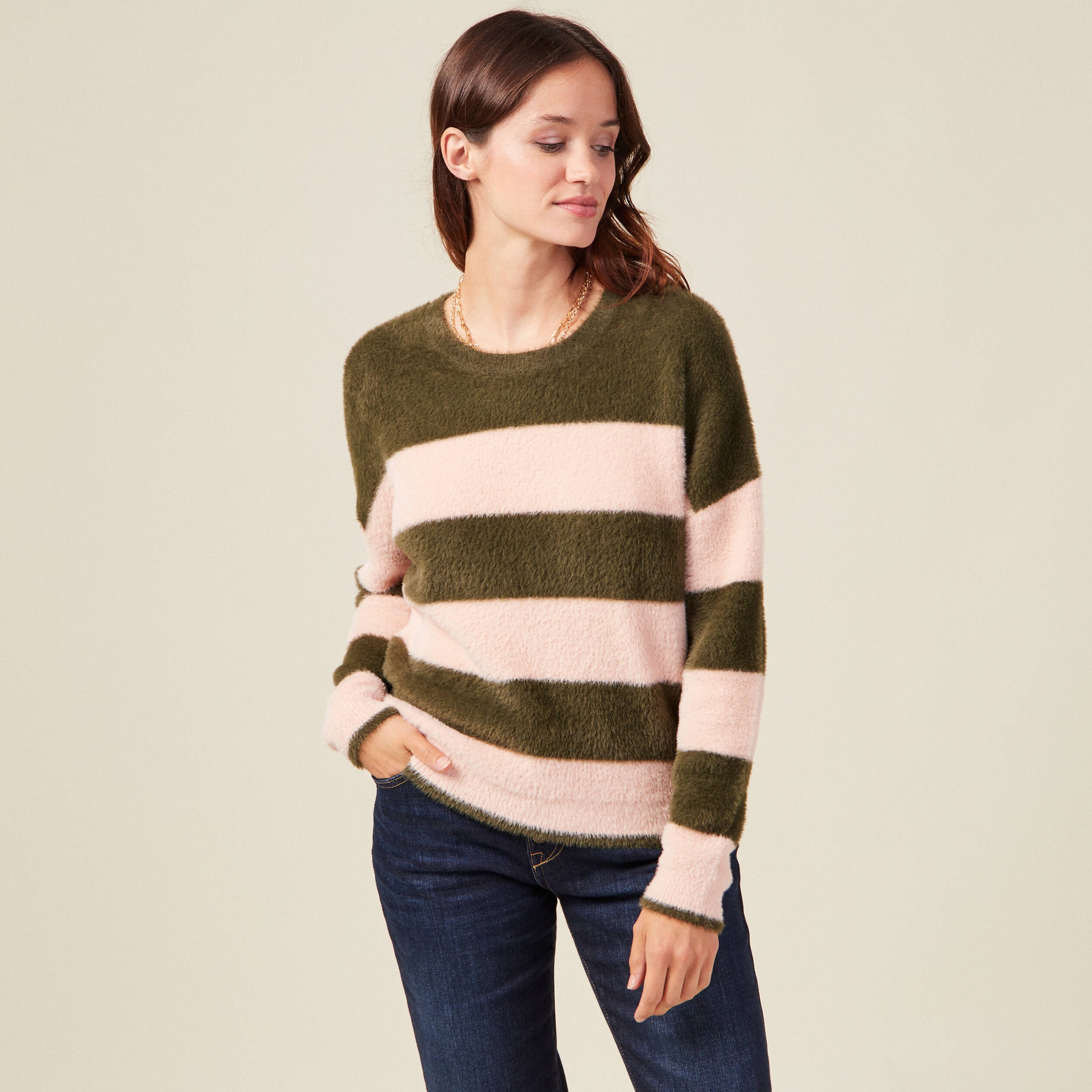 Pull manches longues vert kaki femme
