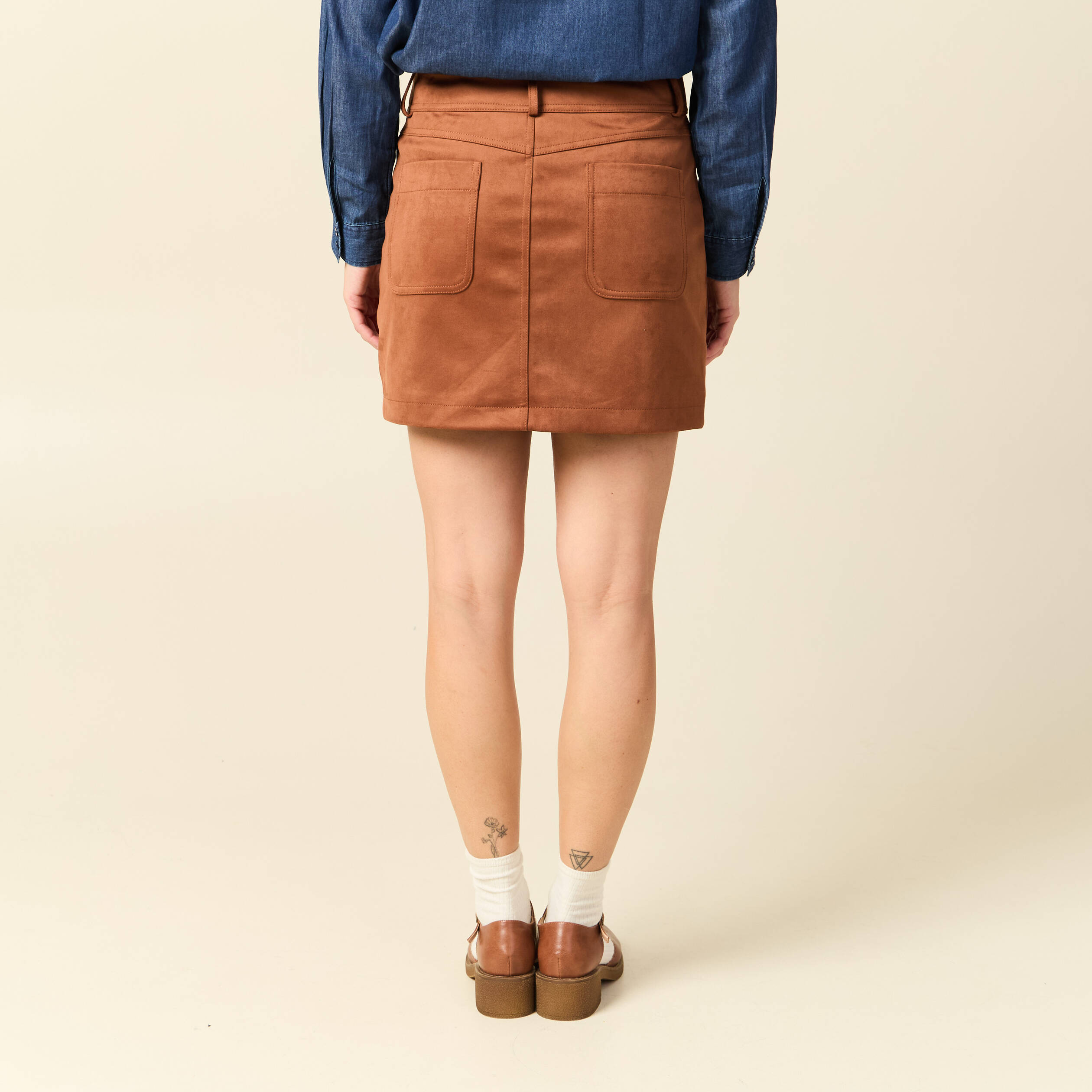 Mini-jupe droite doubl&eacute;e marron clair femme