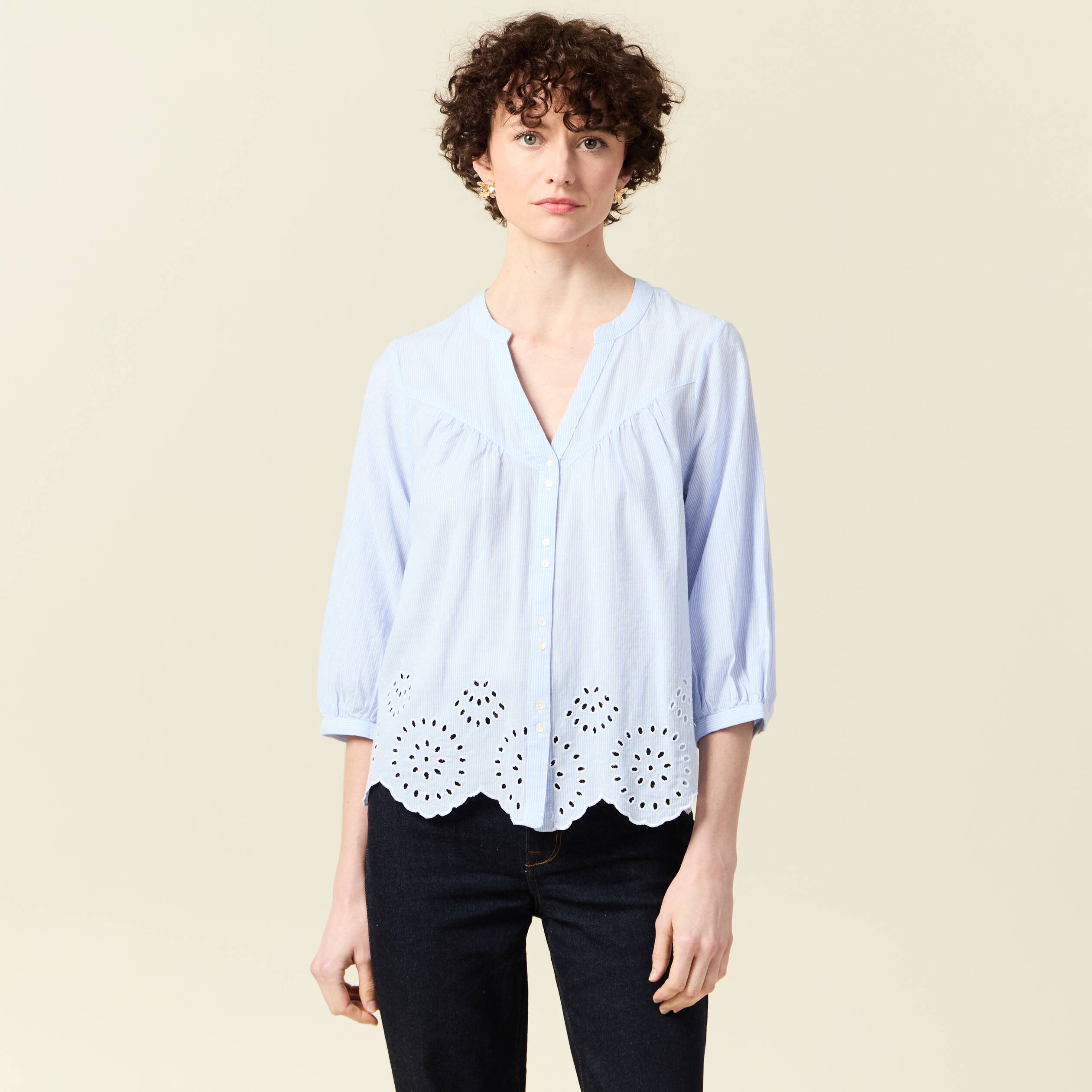 chemise manches 34 brodee blanc femme Chemise manches 3/4 brodée blanc femme