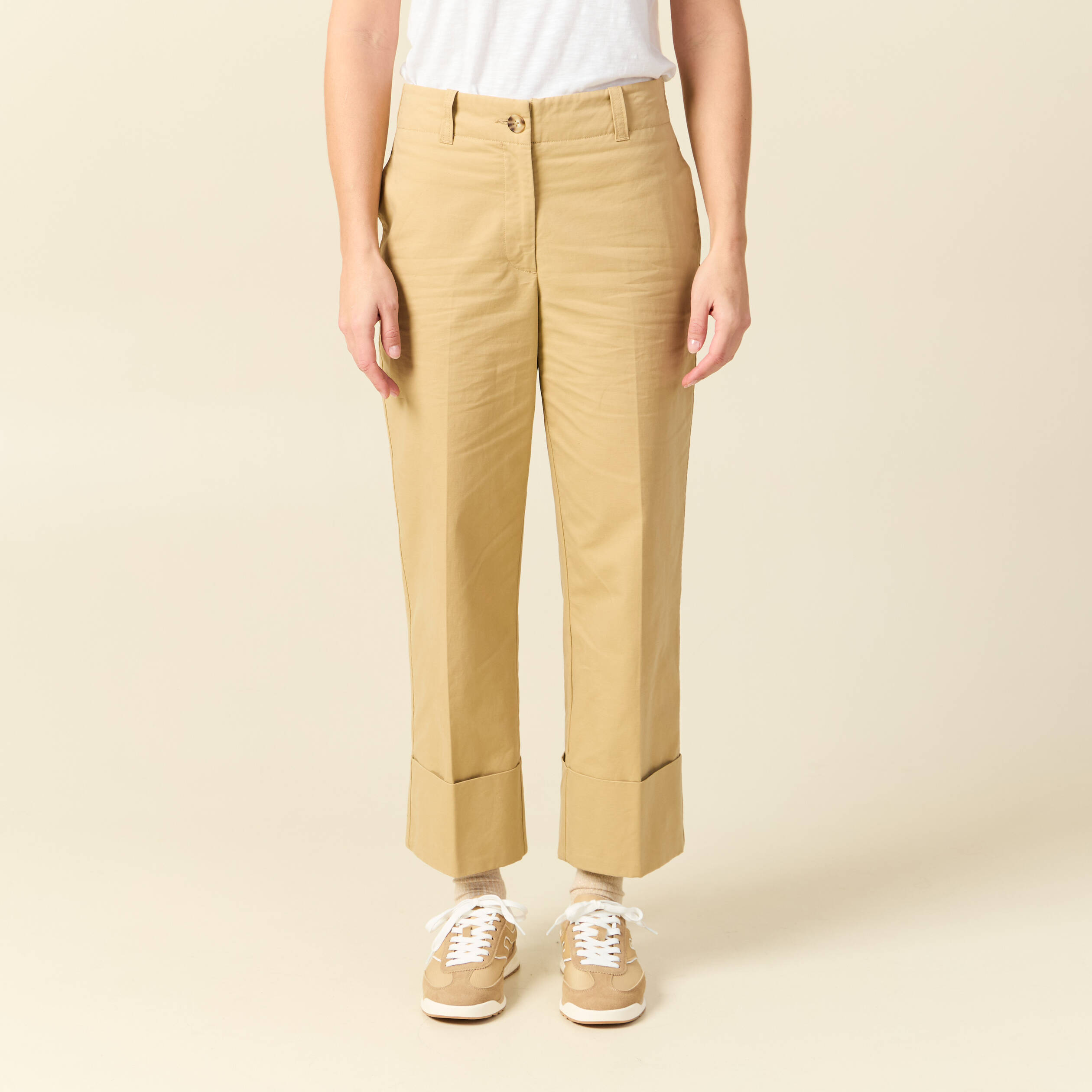 Pantalon large cropped taille haute beige femme