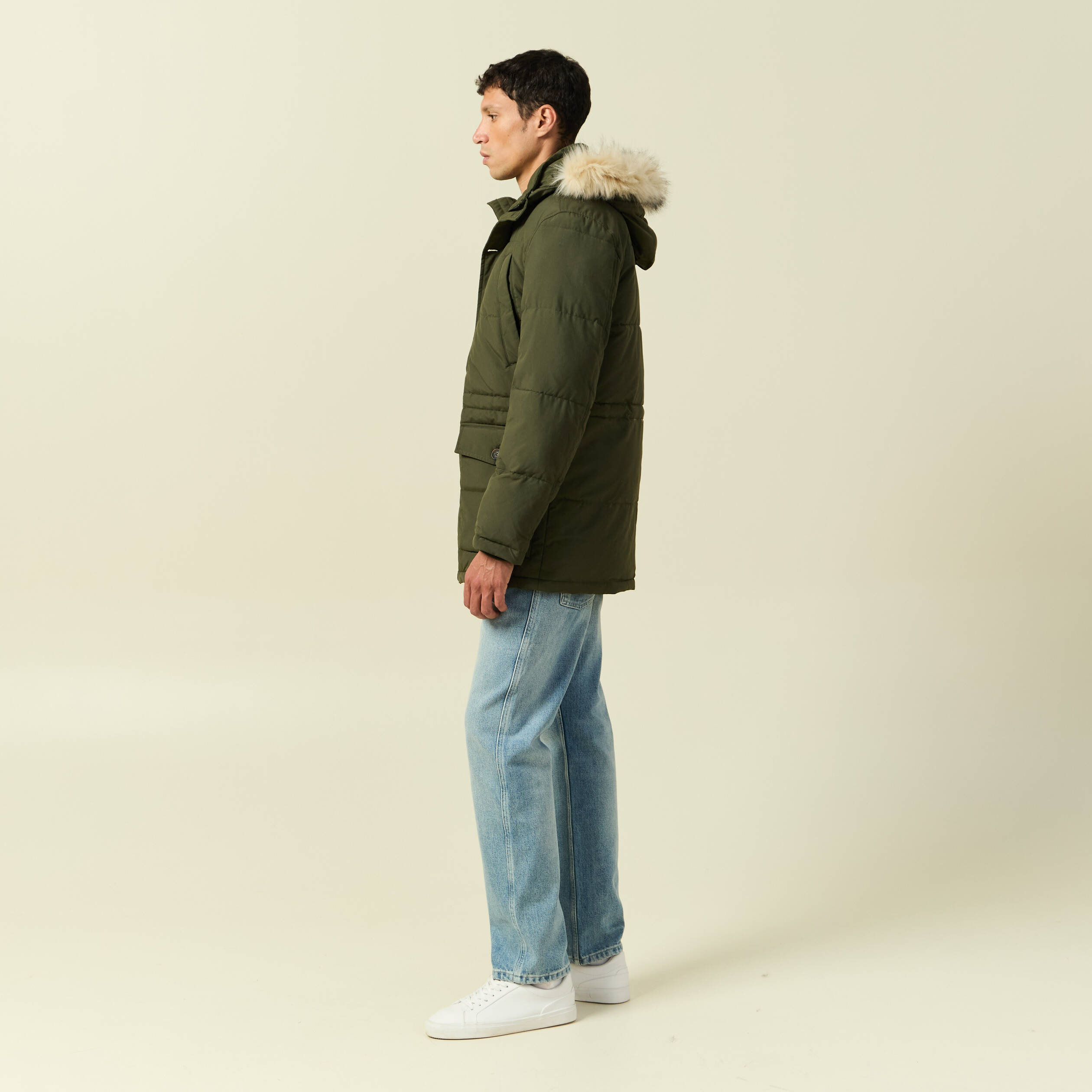 Parka longue droite &agrave; capuche vert kaki homme