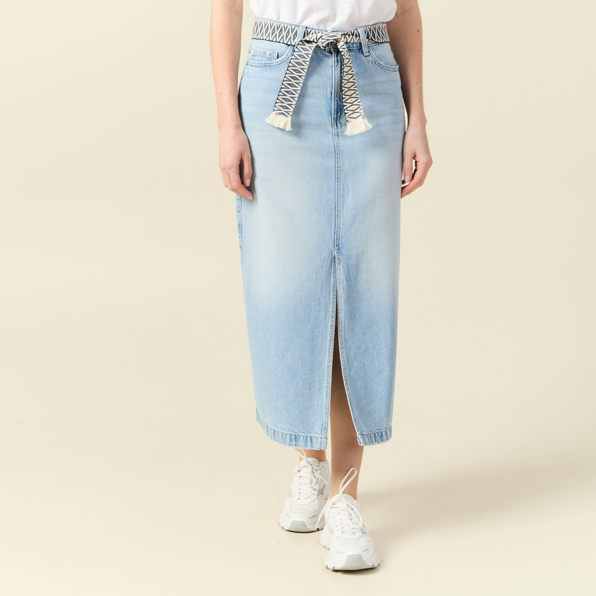 Jupe longue droite en jean denim bleach femme