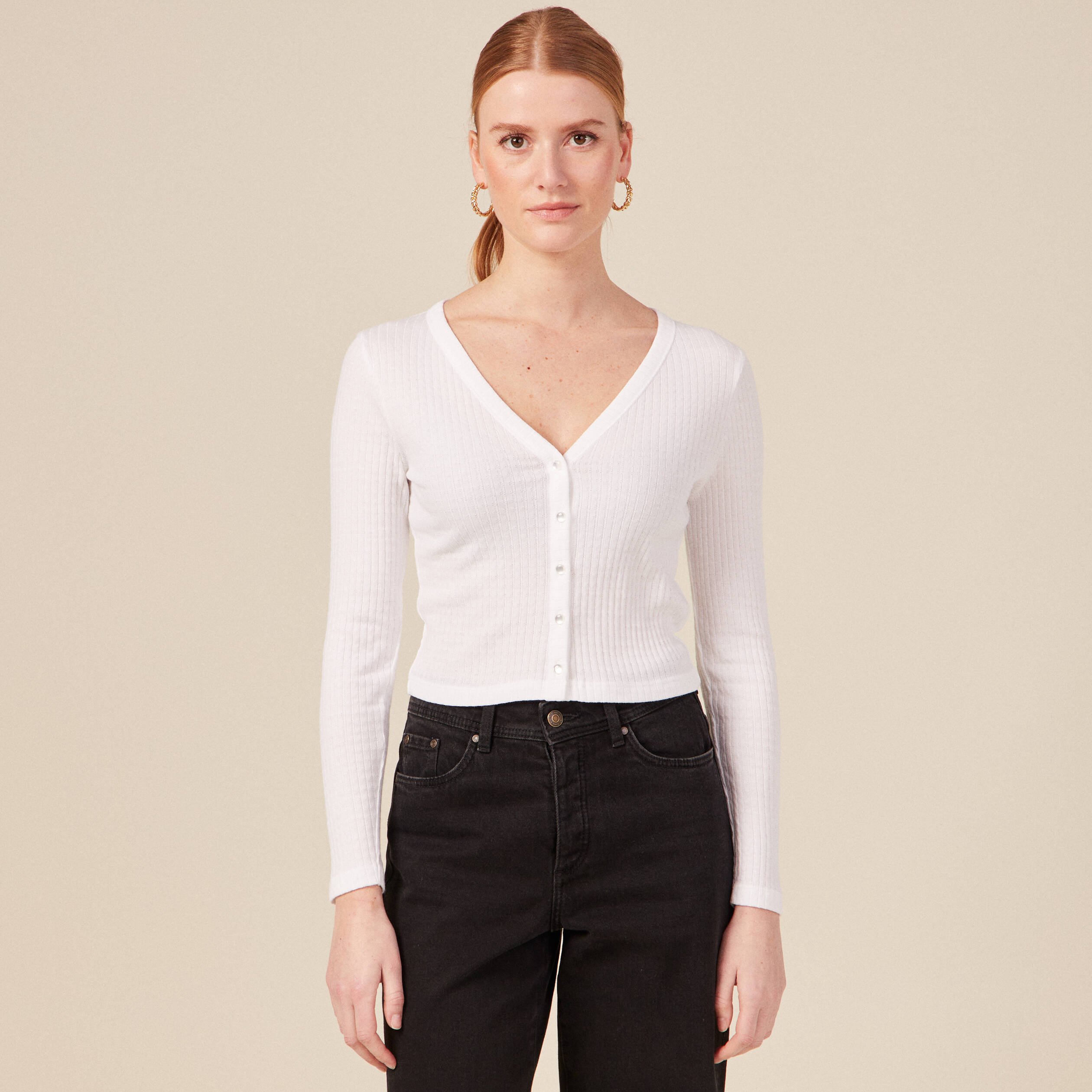 T shirt manches longues cotele creme femme Bonobo