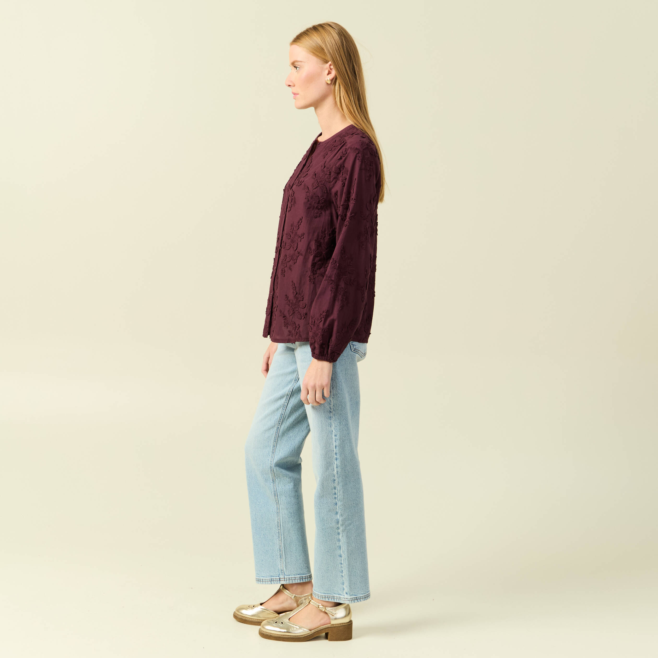 Chemise col rond manches longues brod&eacute;e prune femme