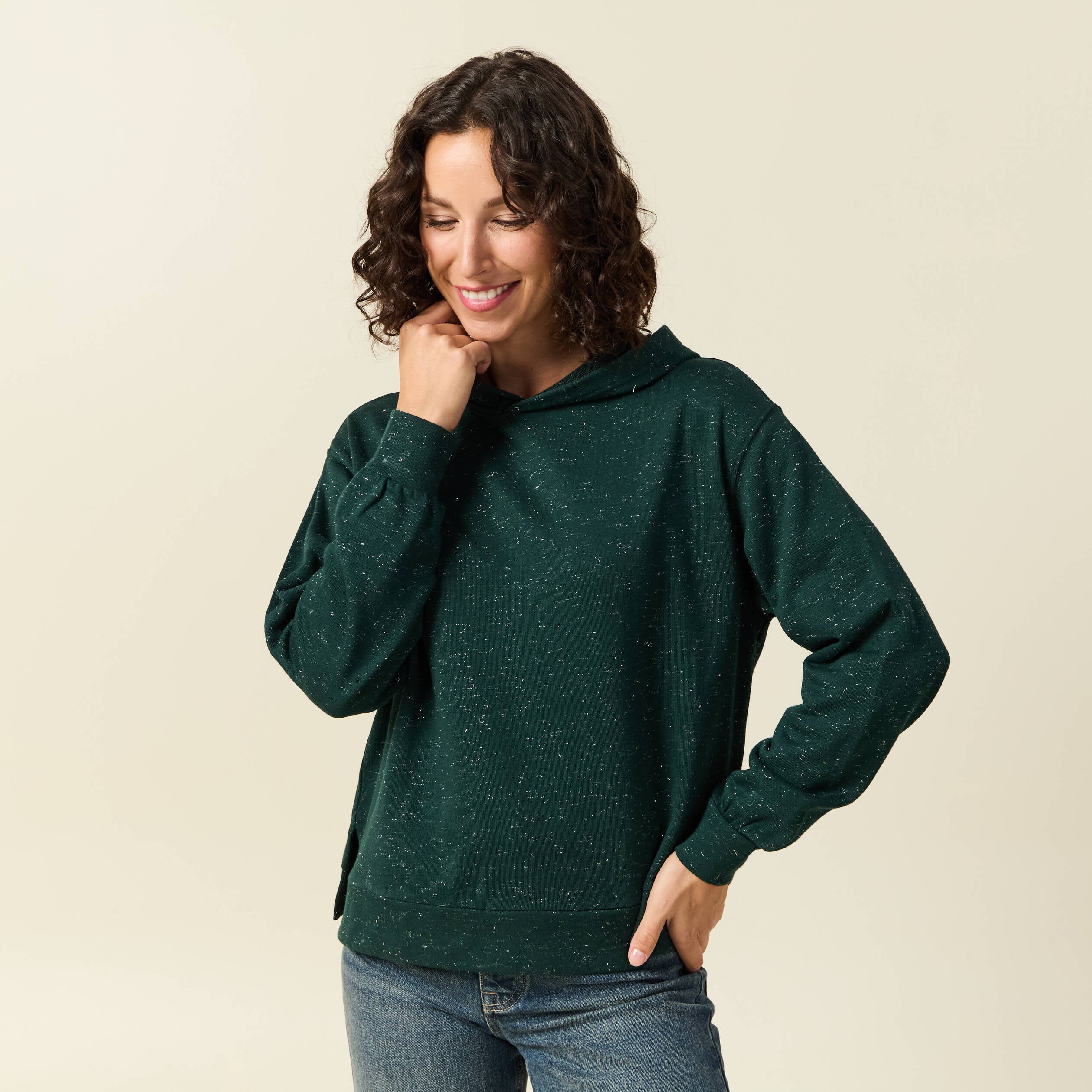 Sweat &agrave; capuche manches longues vert fonc&eacute; femme