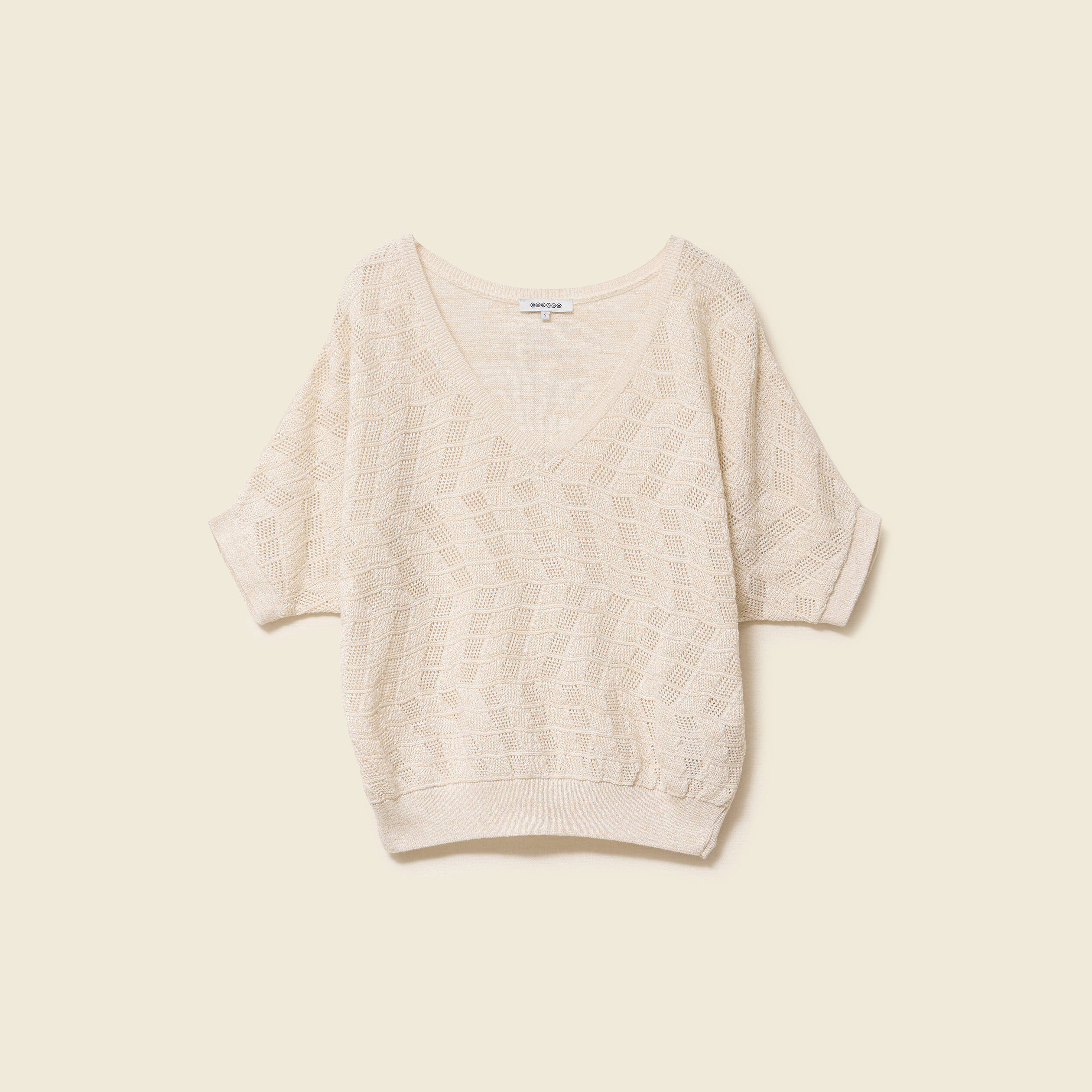 pull col v manches coudes creme femme Pull col V manches coudes creme femme