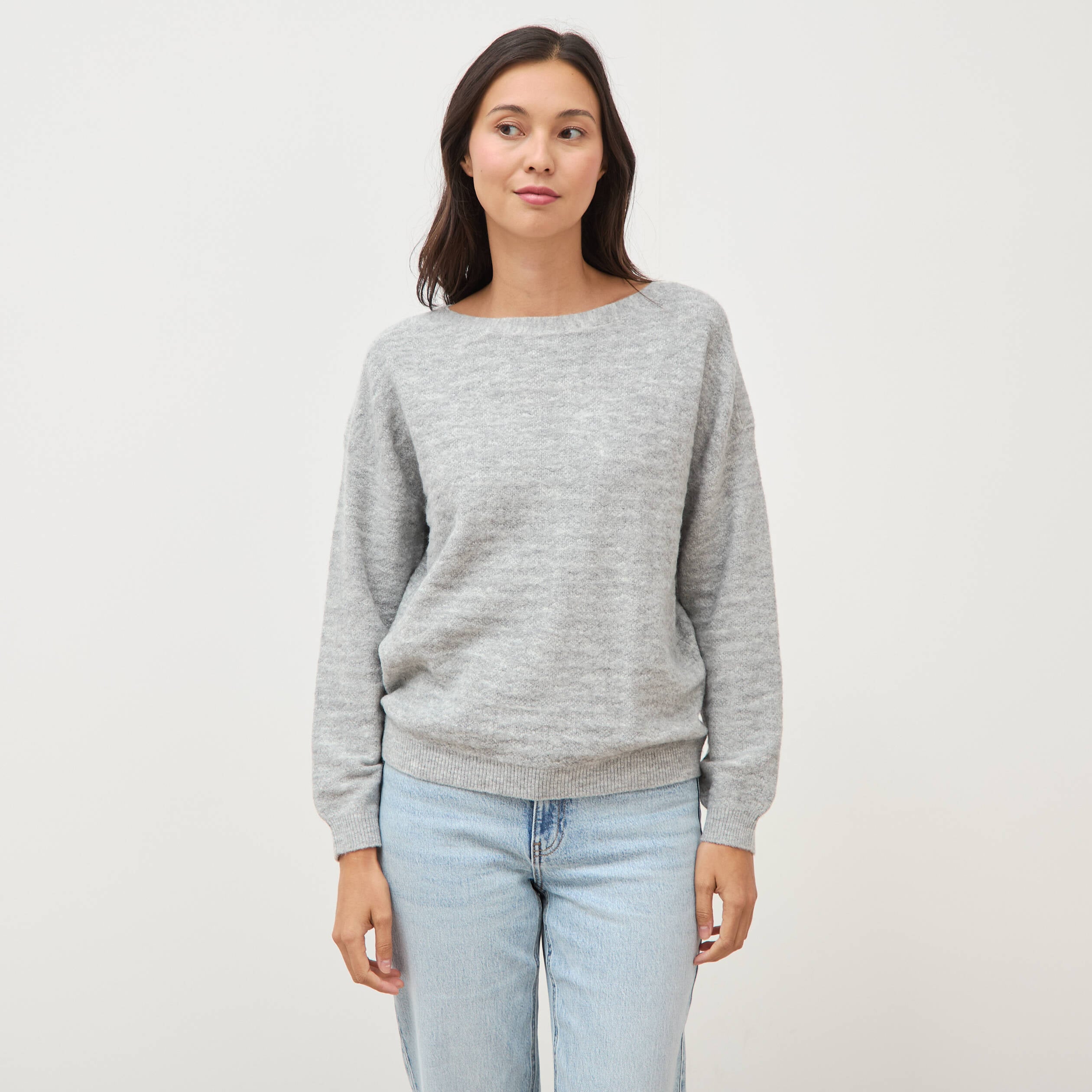 Pull manches longues col bateau gris femme