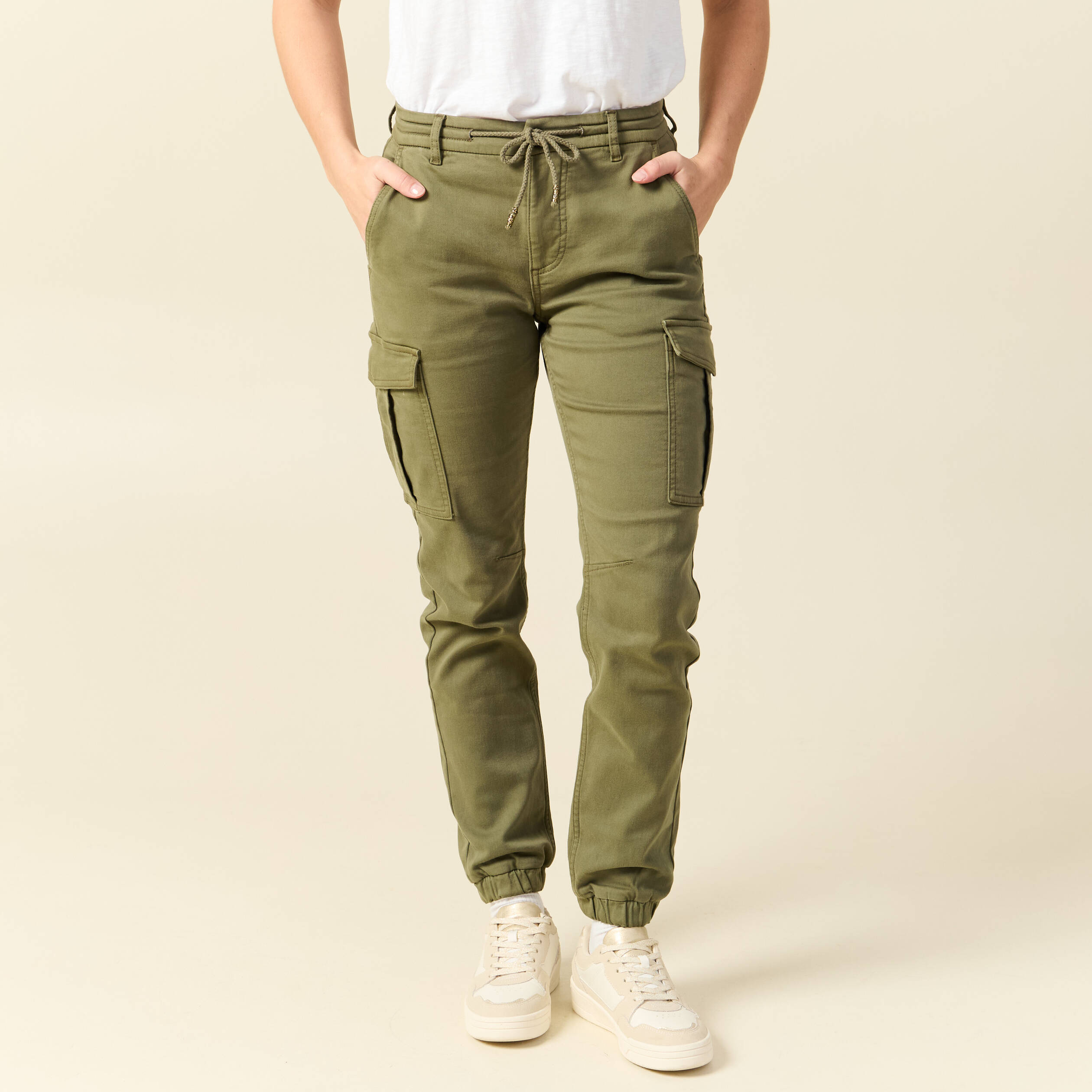 Pantalon cargo battle 7/8&egrave;me en maille vert kaki femme