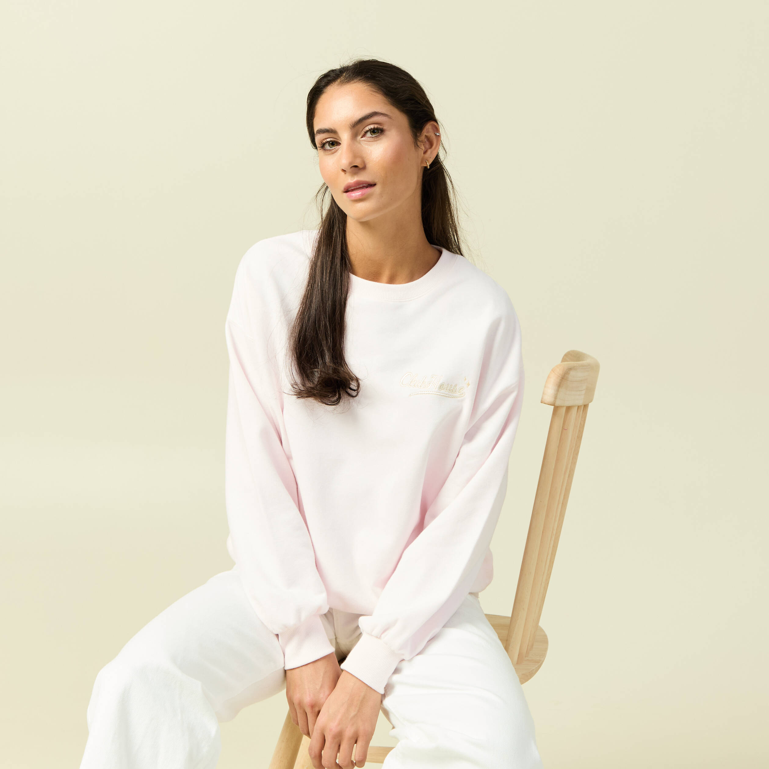 Sweat oversize manches longues brod&eacute; rose poudr&eacute;e femme