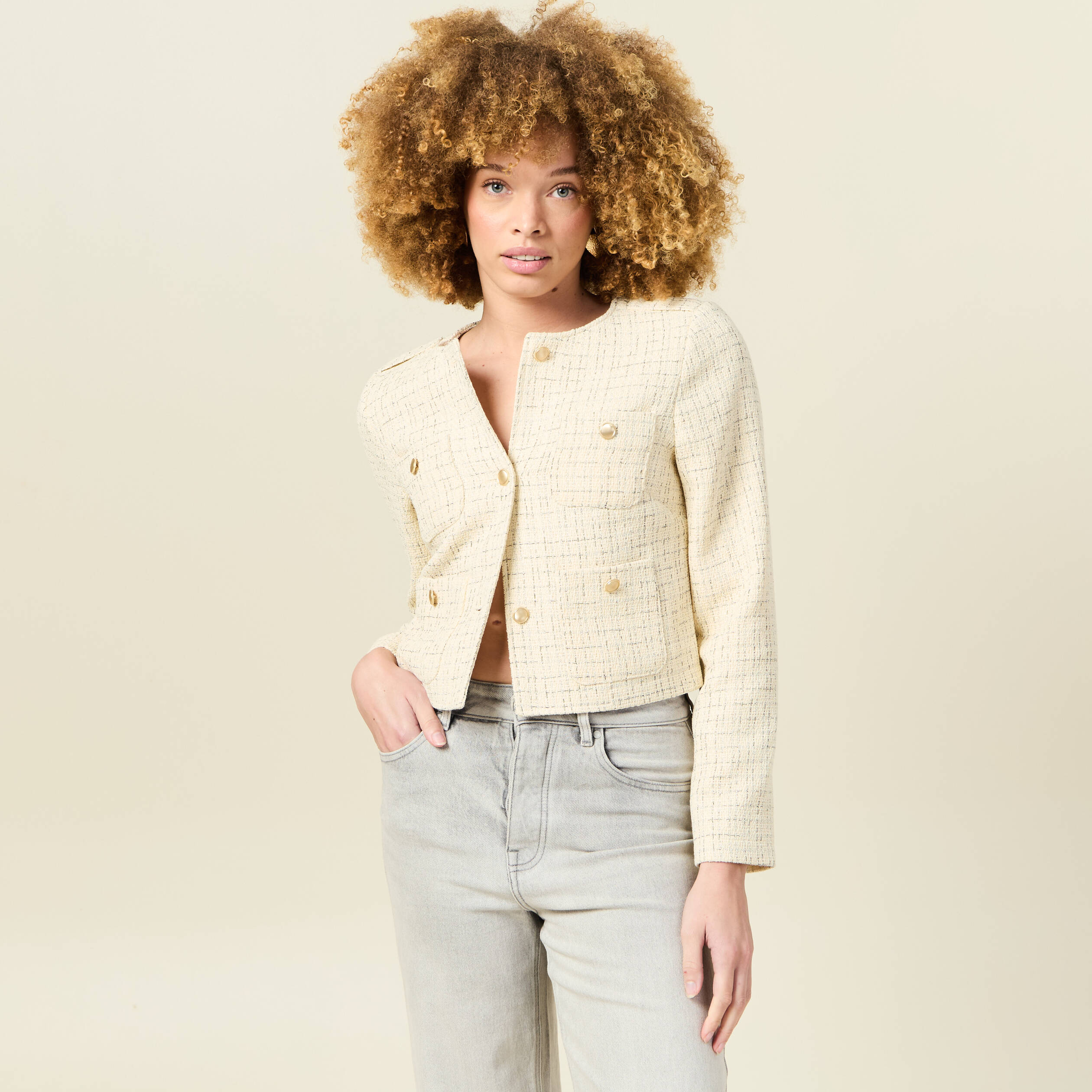 veste tweed courte jaune pastel femme Veste tweed courte jaune pastel femme
