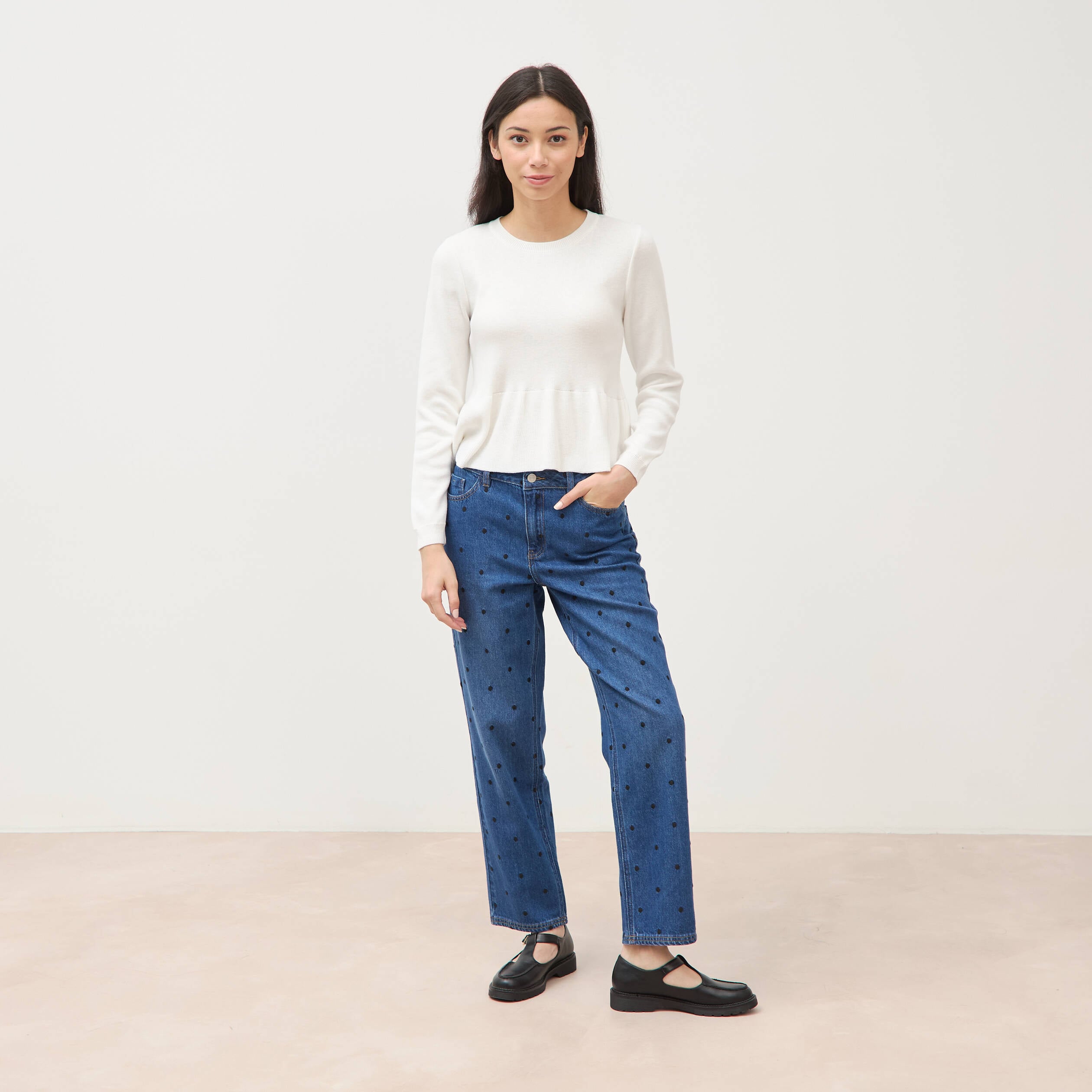 Pull col rond manches longues ecru femme