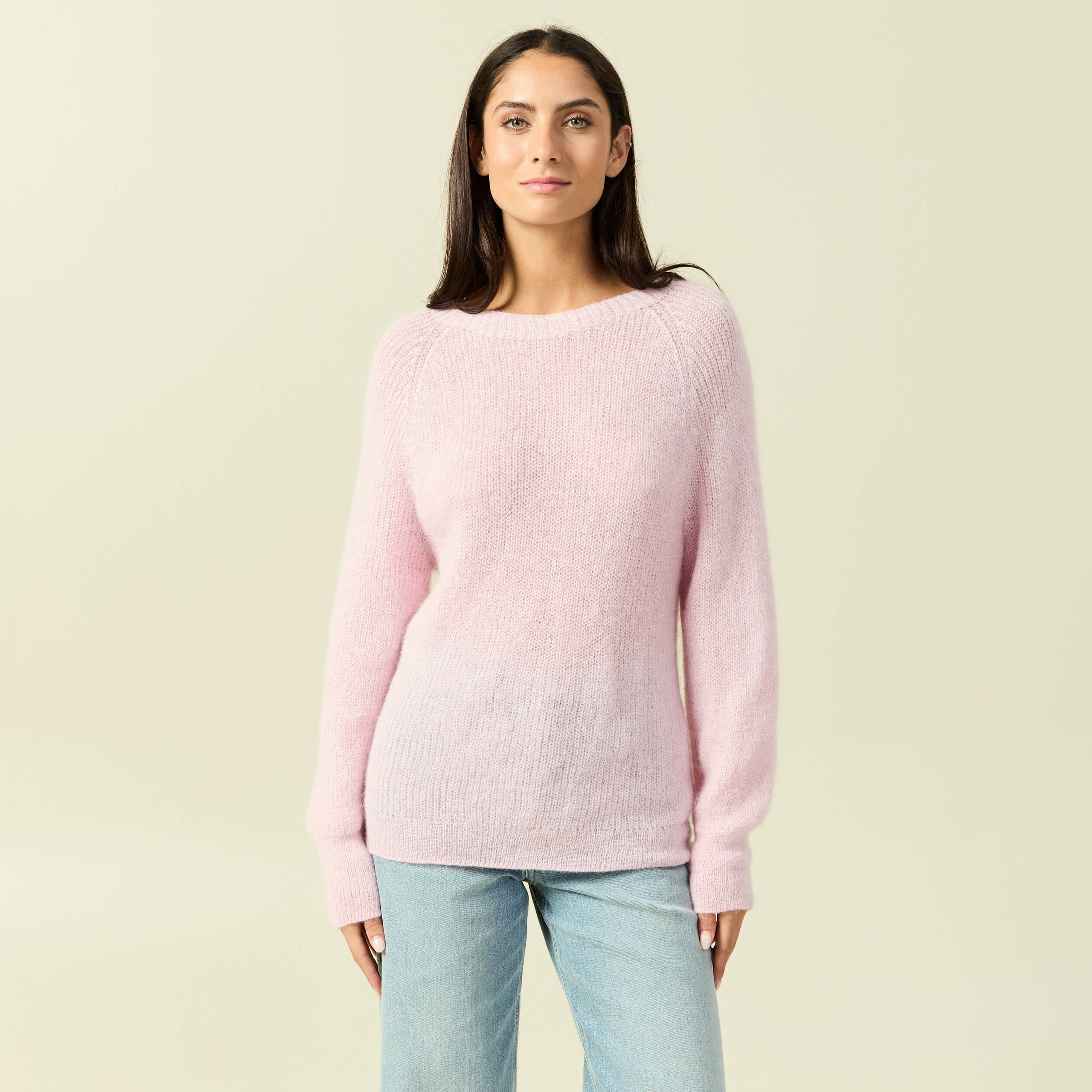 Pull manches longues col rond rose femme
