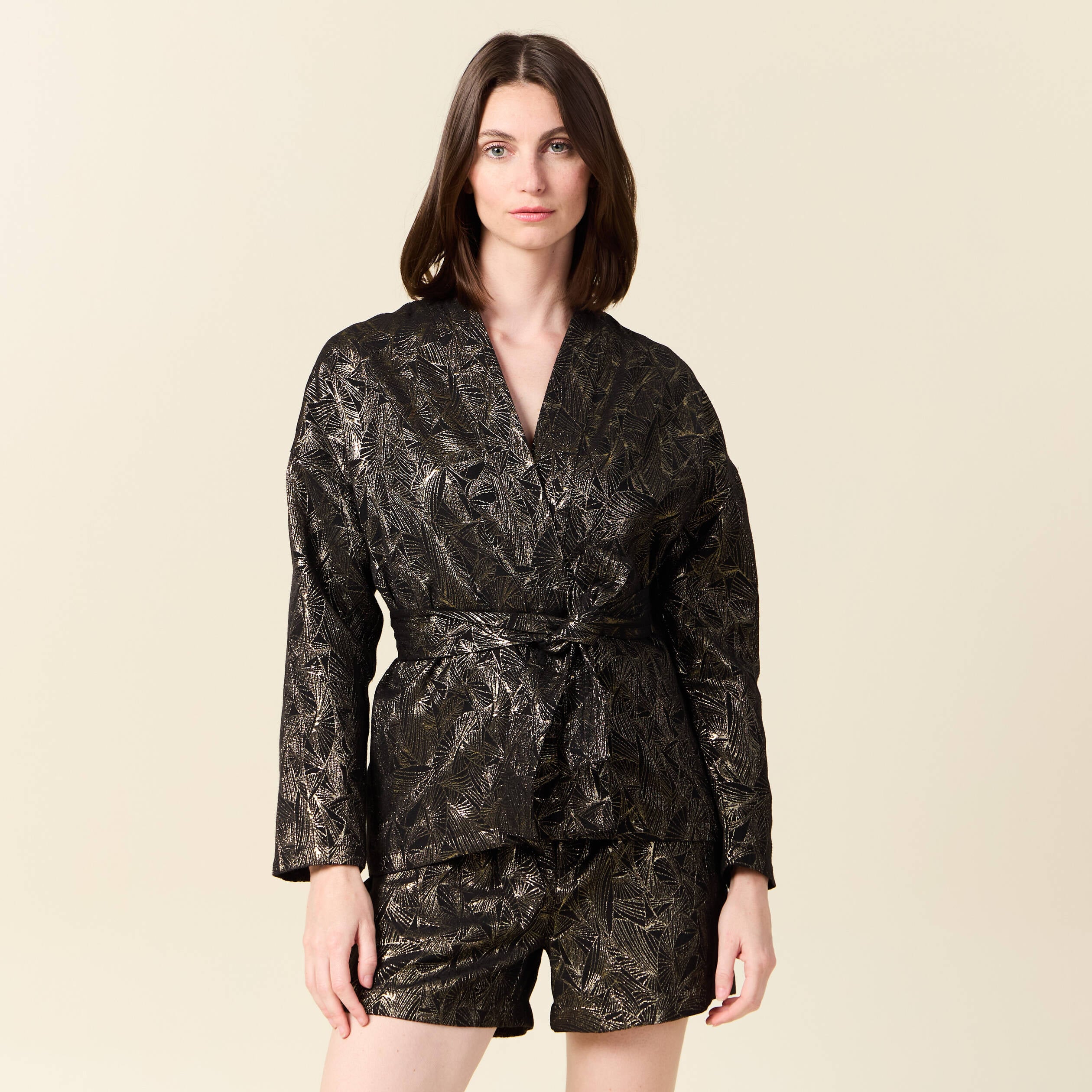 Kimono oversize manches longues ceinture couleur or femme