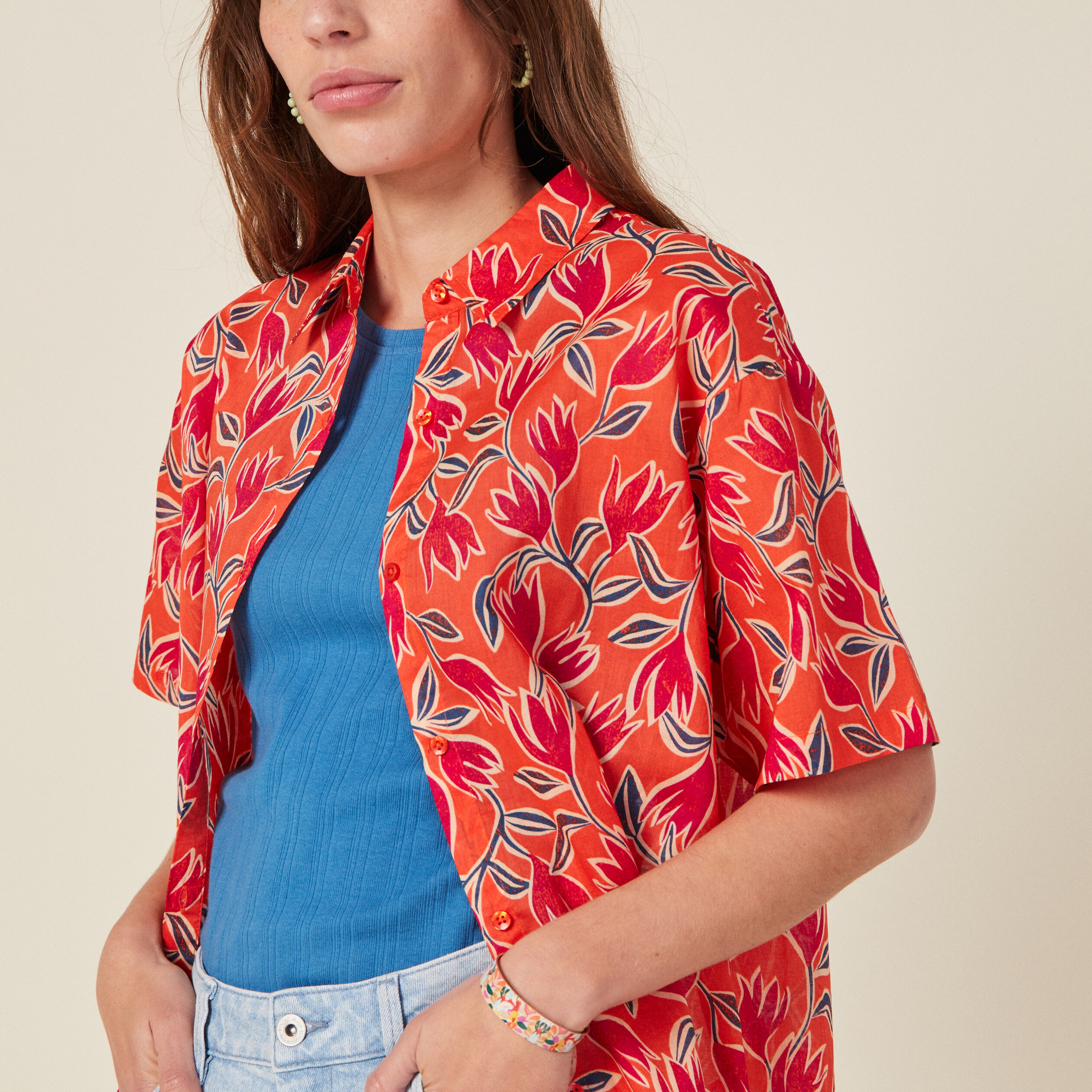 Chemise en coton manches courtes orange femme