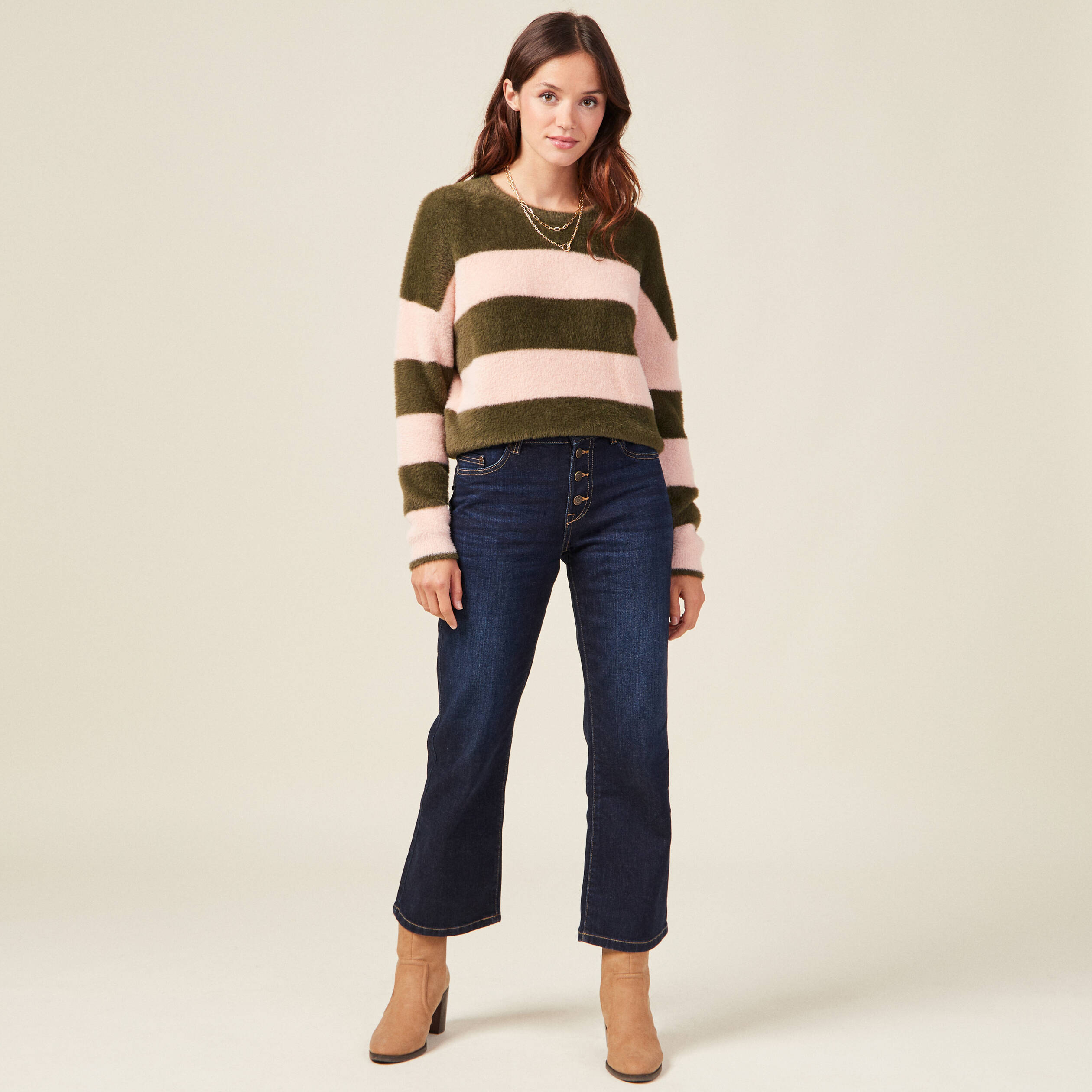 Pull manches longues vert kaki femme